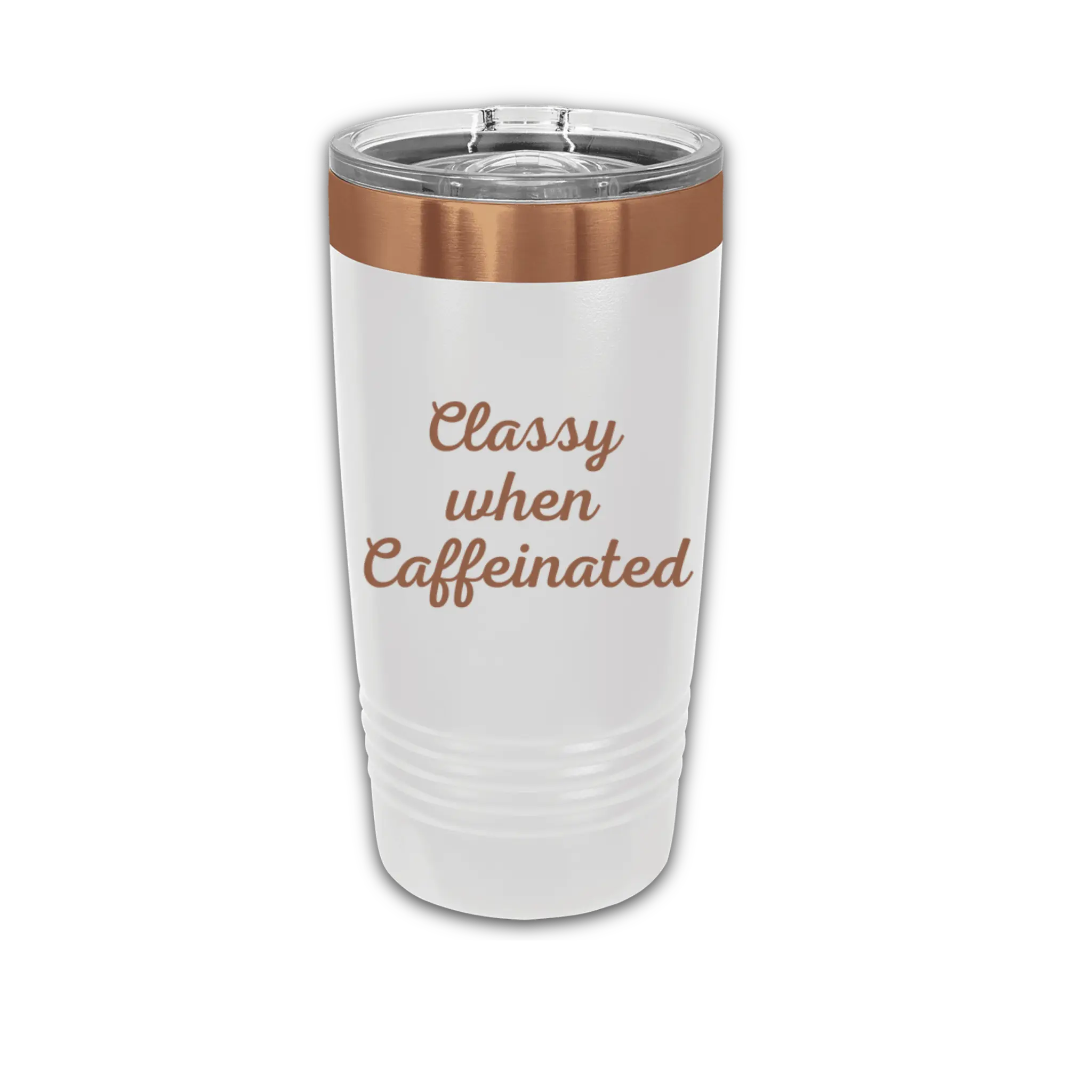 20oz laser etched tumbler with "Classy When Caffeinated" ghost design in black - insulated stainless steel cup for coffee lovers