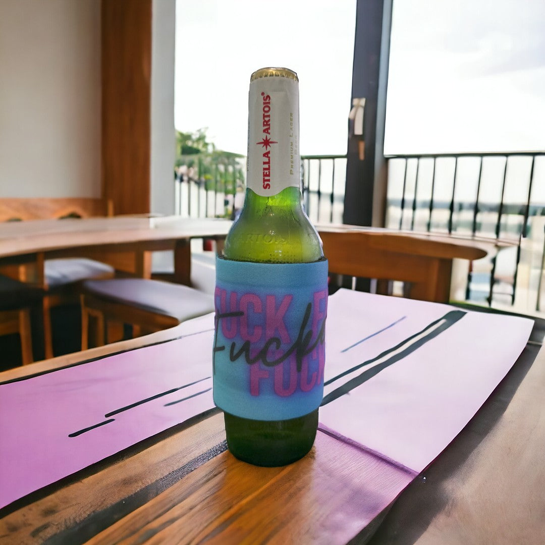 Stylish beer bottle with colorful fun koozie with text, ideal for quirky and fun gifts