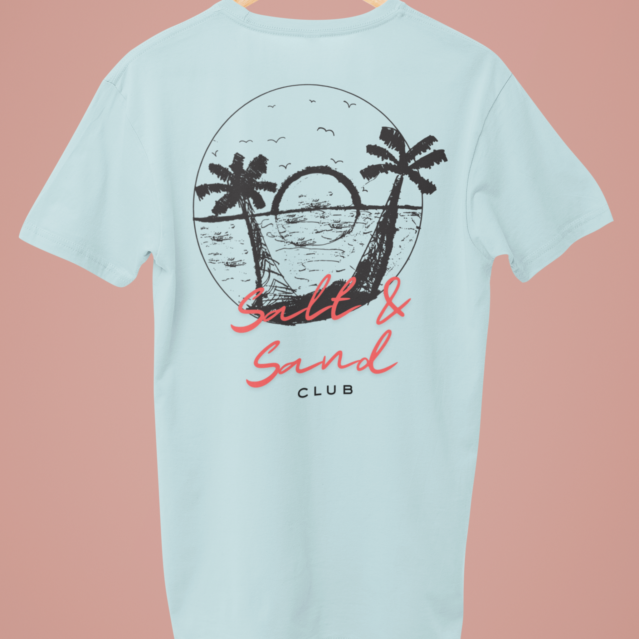 Light blue custom tee shirt features a unique black 'Salt & Sand Club' design on the back, perfect for beachwear enthusiasts looking for stylish and personalized summer fashion.