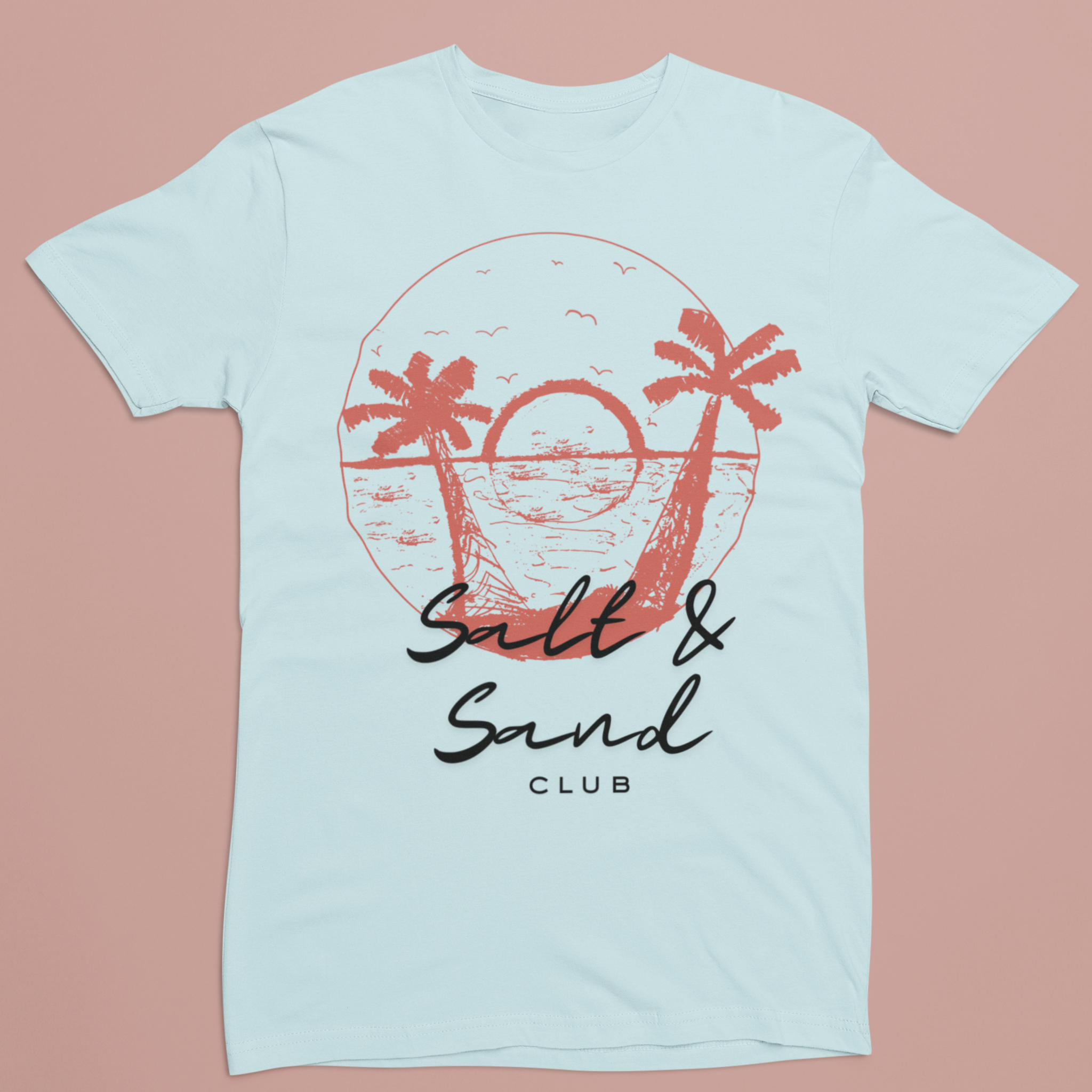 This light blue custom tee shirt features a unique coral 'Salt & Sand Club' design on the back, perfect for beachwear enthusiasts looking for stylish and personalized summer fashion.
