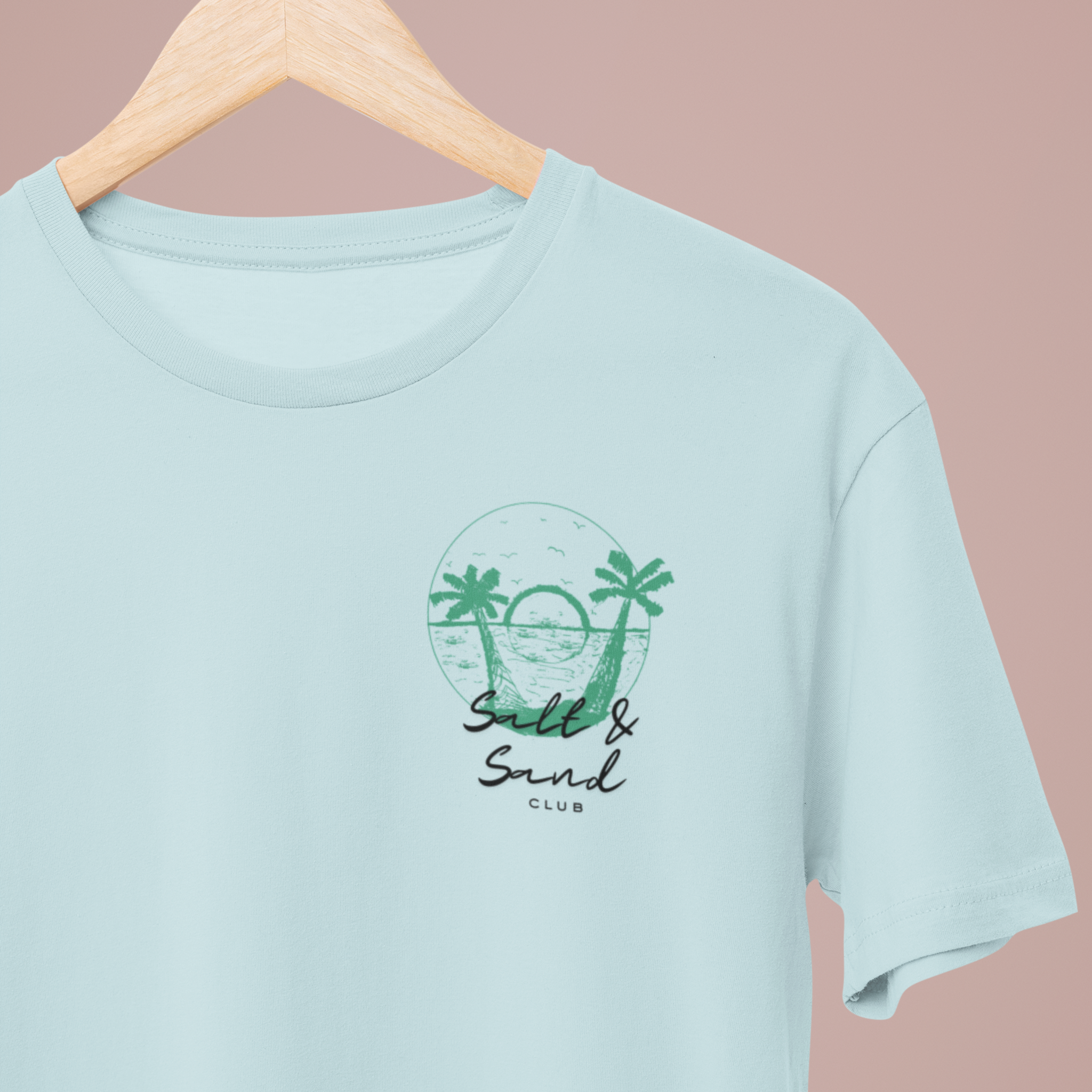 Custom light blue tee shirt with green Salt & Sand Club design on the left chest, ideal for beachwear