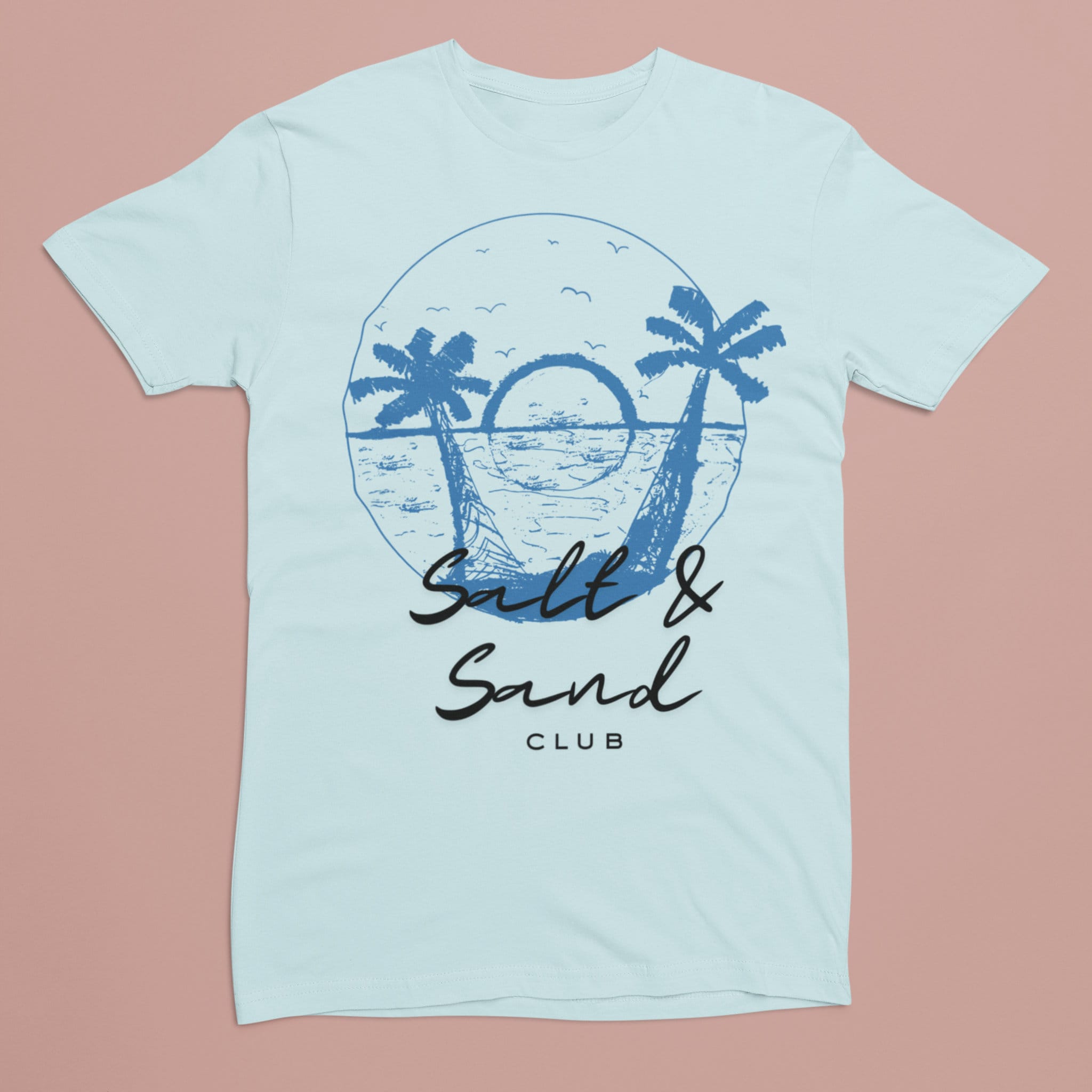 Light Blue custom shirt features a unique blue 'Salt & Sand Club' design on the back, perfect for beachwear enthusiasts looking for stylish and personalized summer fashion.