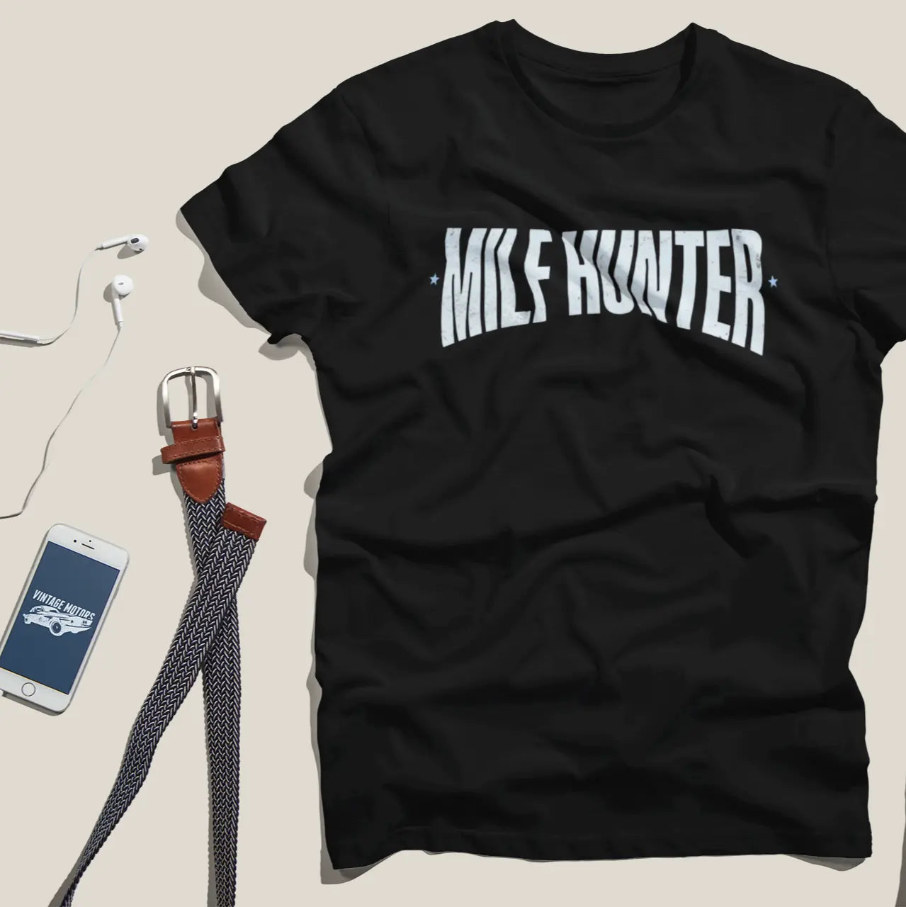Lifestyle shot of man in "MILF HUNTER" t-shirt - funny inappropriate humor tee for adults who love edgy jokes