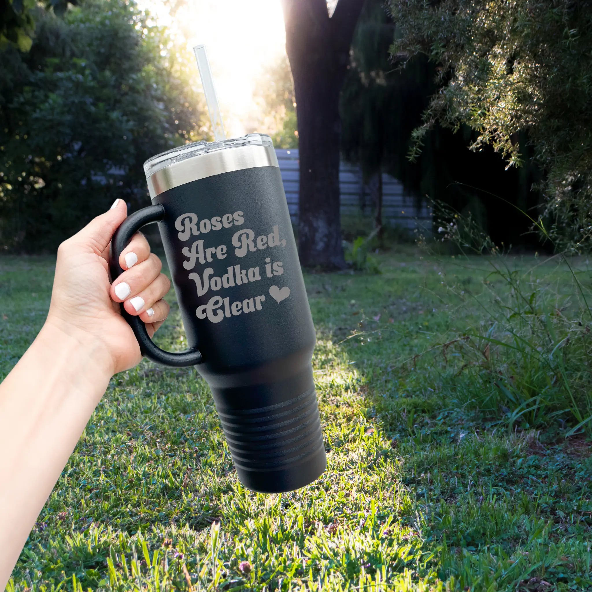40oz laser etched tumbler with "Roses Are Red" design in black - insulated stainless steel cup with handle and straw for all-day hydration