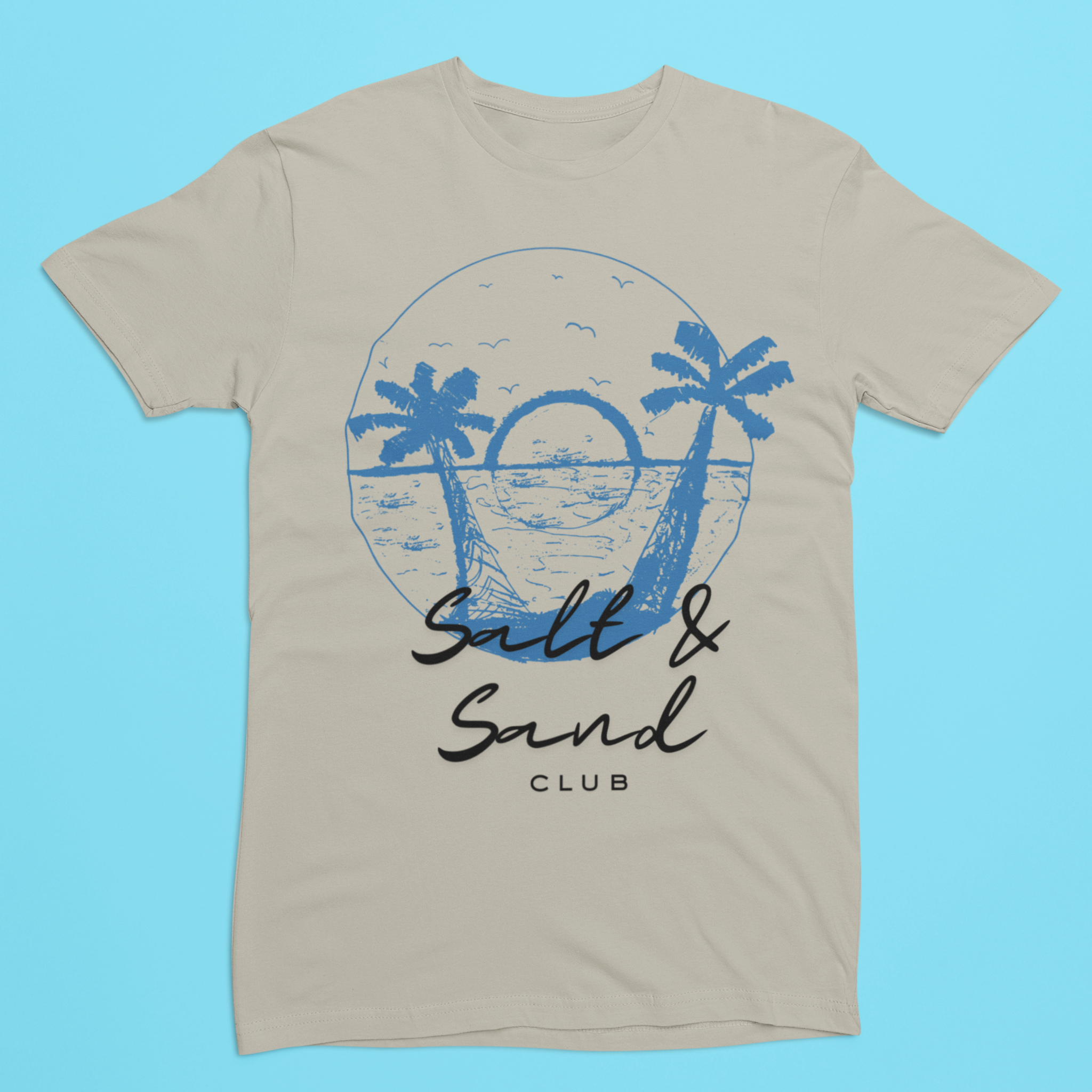 This light blue custom tee shirt features a unique blue 'Salt & Sand Club' design on the back, perfect for beachwear enthusiasts looking for stylish and personalized summer fashion.