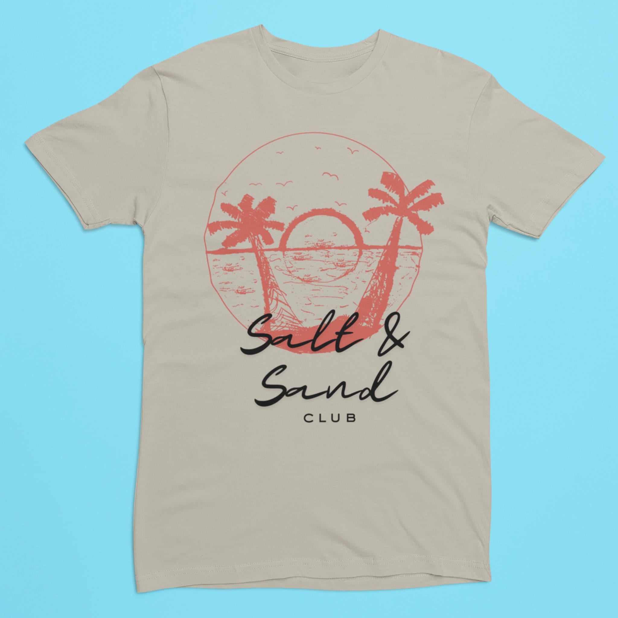 Sand custom tee shirt features a unique coral 'Salt & Sand Club' design on the back, perfect for beachwear enthusiasts looking for stylish and personalized summer fashion.