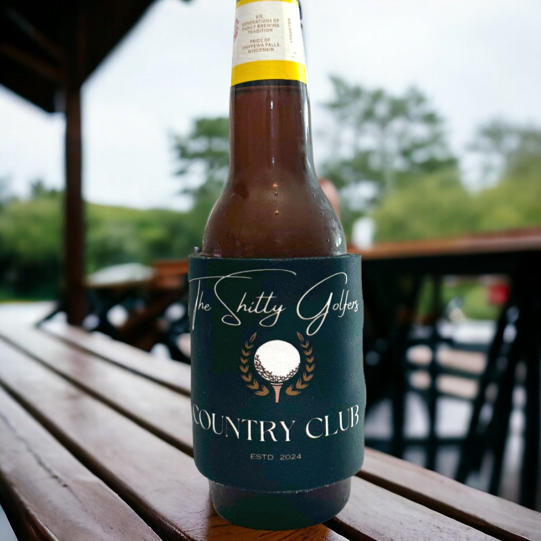 Beer bottle adorned with a sophisticated golf koozie from The Shitty Golfers Country Club, ideal for golf lovers and humorous gift seekers