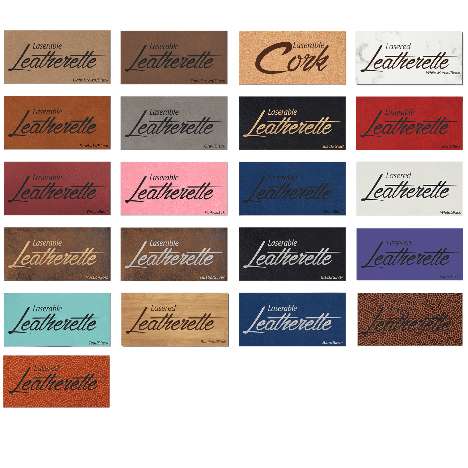 Collage of various colors and textures of laserable leatherette samples, showcasing options like cork, rustic gold, teal, and purple for custom engraving and crafting projects