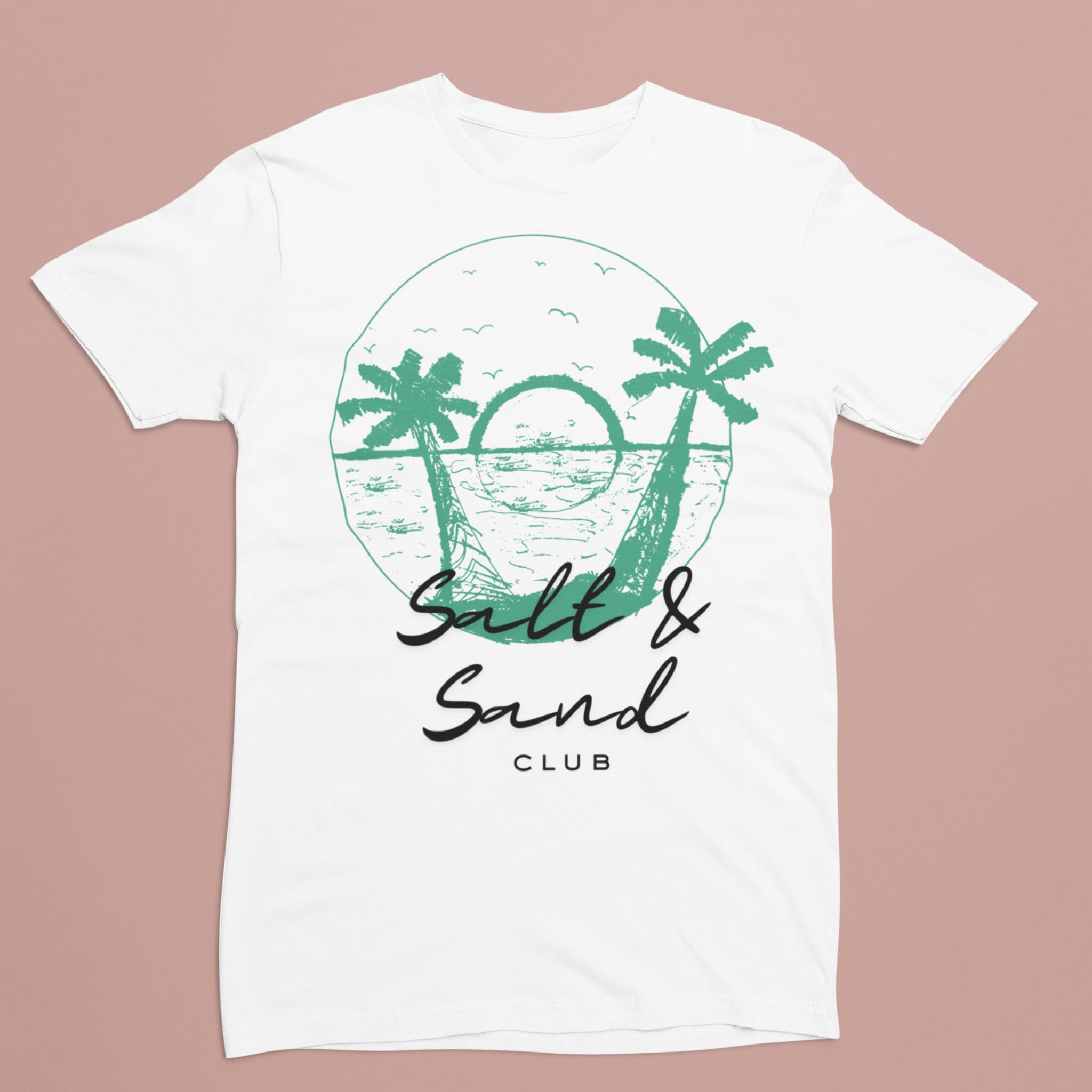 White custom tee shirt features a unique green 'Salt & Sand Club' design on the back, perfect for beachwear enthusiasts looking for stylish and personalized summer fashion.