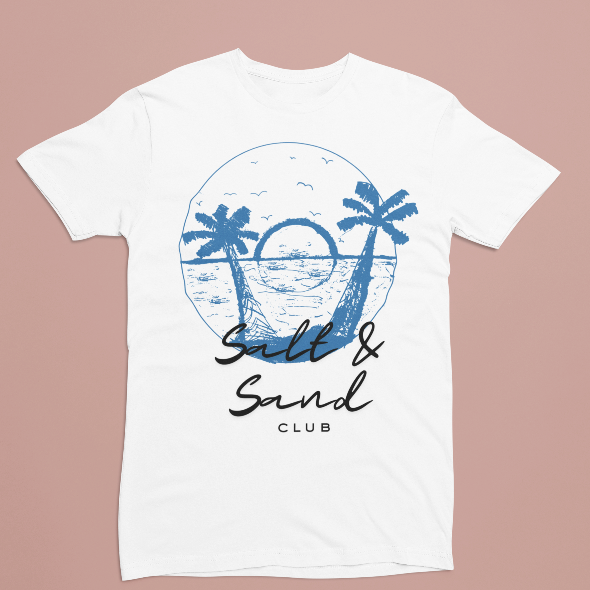 This white custom tee shirt features a unique blue 'Salt & Sand Club' design on the back, perfect for beachwear enthusiasts looking for personalized summer fashion.