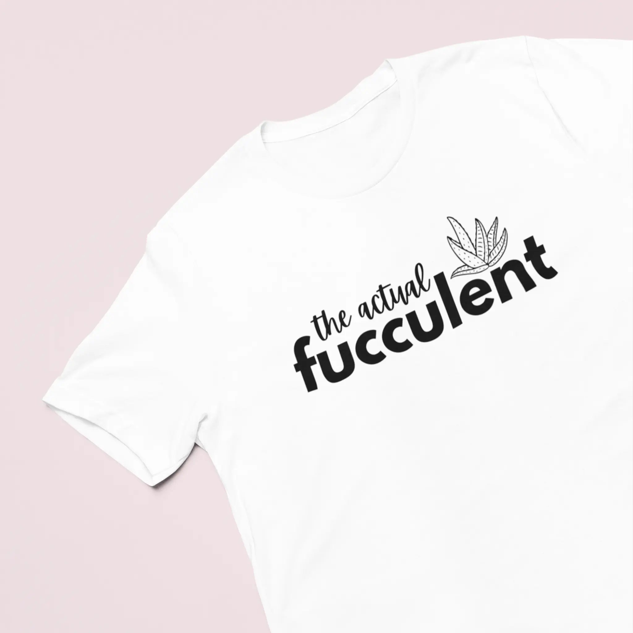 Lifestyle shot of woman wearing "The Actual Fucculent" tee - funny succulent lover shirt for plant parents who swear and garden