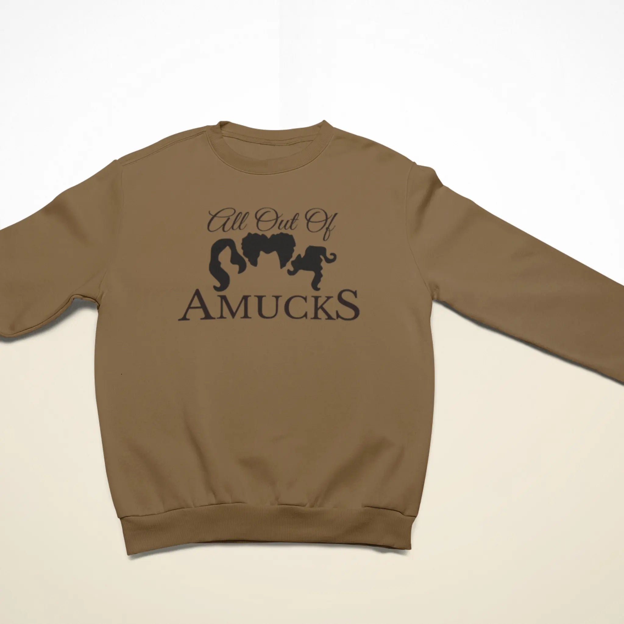 Flat lay of "All Out Of Amucks" crewneck sweatshirt - Halloween Hocus Pocus fall sweater with Sanderson Sisters for witchy style