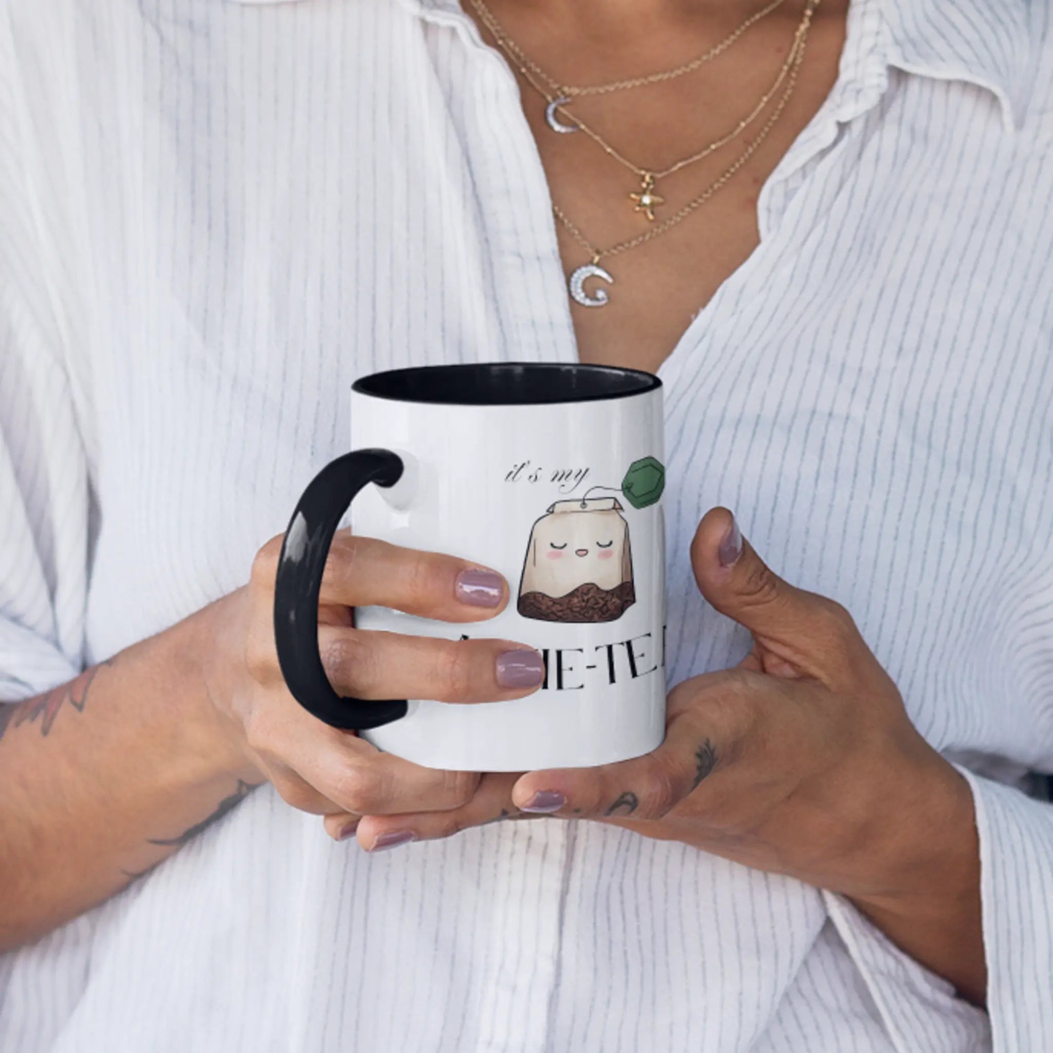 Anxie-Tea two-toned funny mug lifestyle shot - perfect gift for anxiety and adhd sufferers with sense of humor, ceramic coffee cup