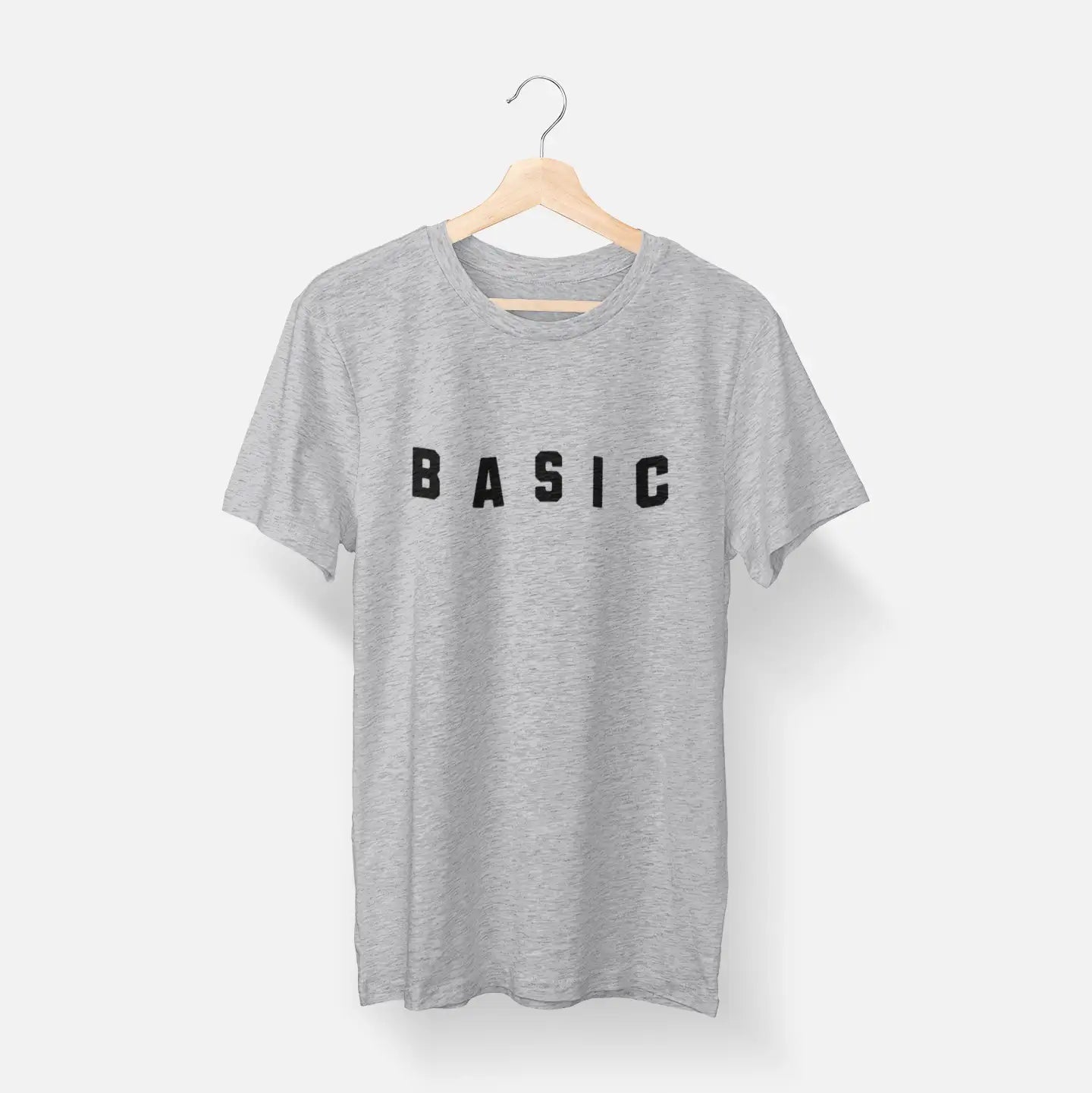 Heather "BASIC" organic cotton tee on hanger - snarky minimalist shirt for those who own their simplicity