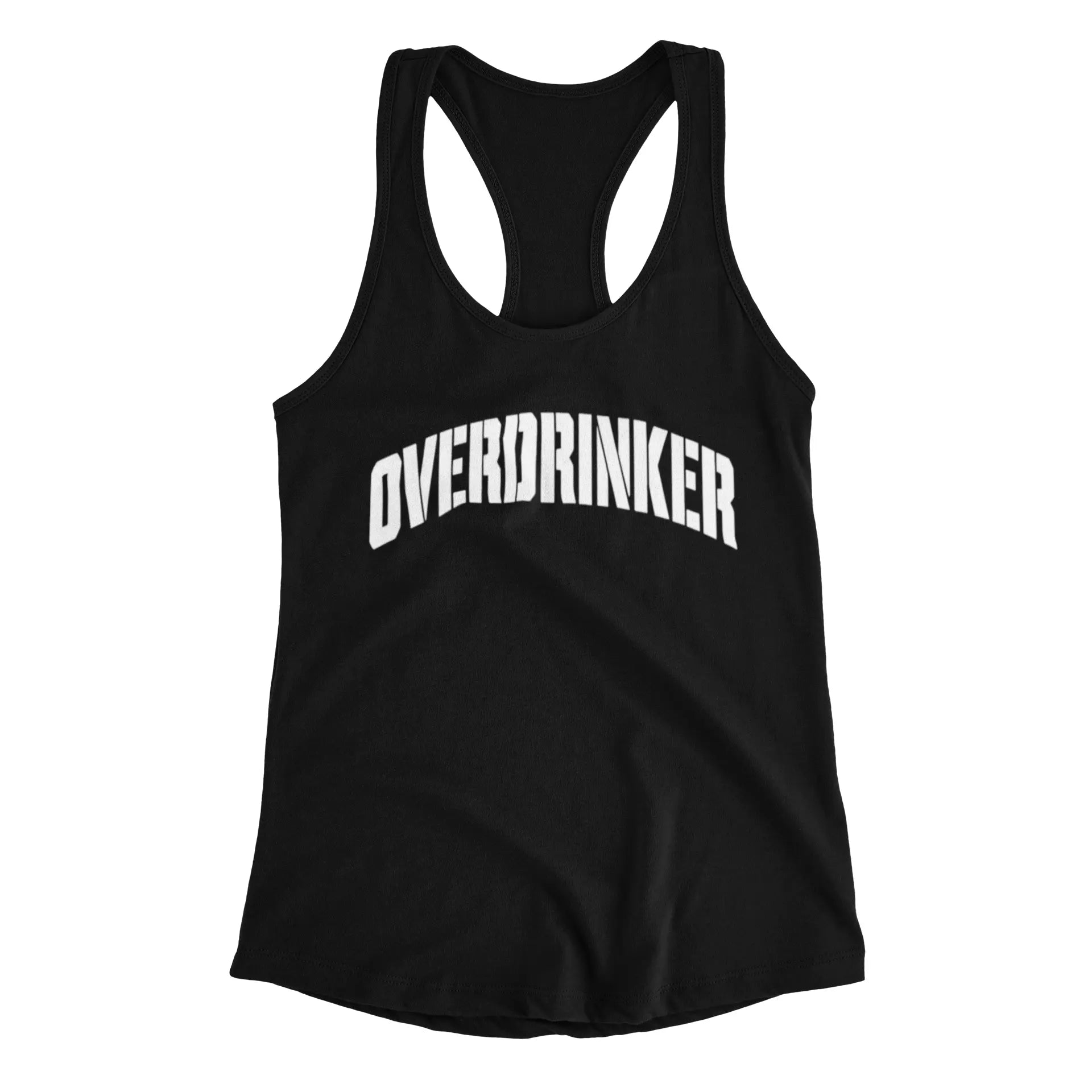 Black tank top with 'OVERDRINKER' text on a white background