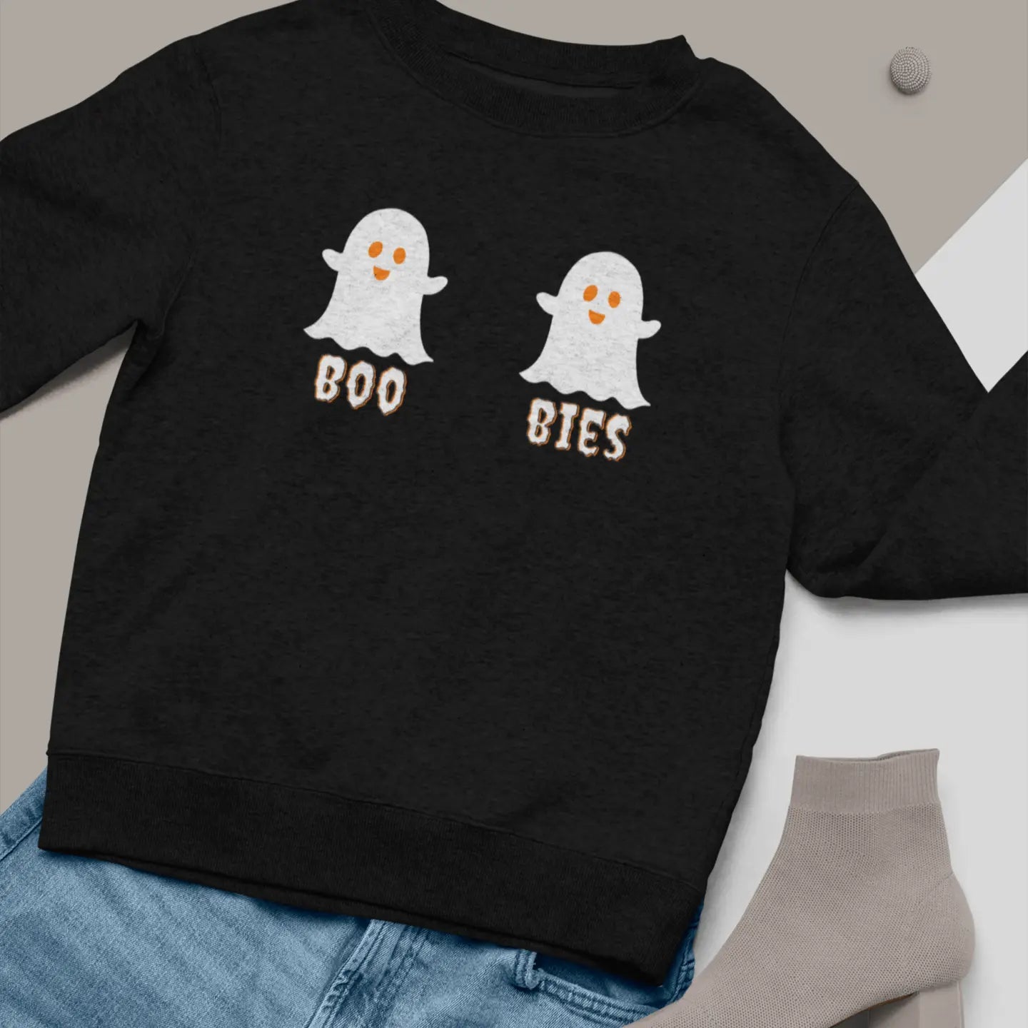 Black "Boo Bies" Halloween sweatshirt flat lay - funny ghost design apparel perfect for Halloween parties and October festivities