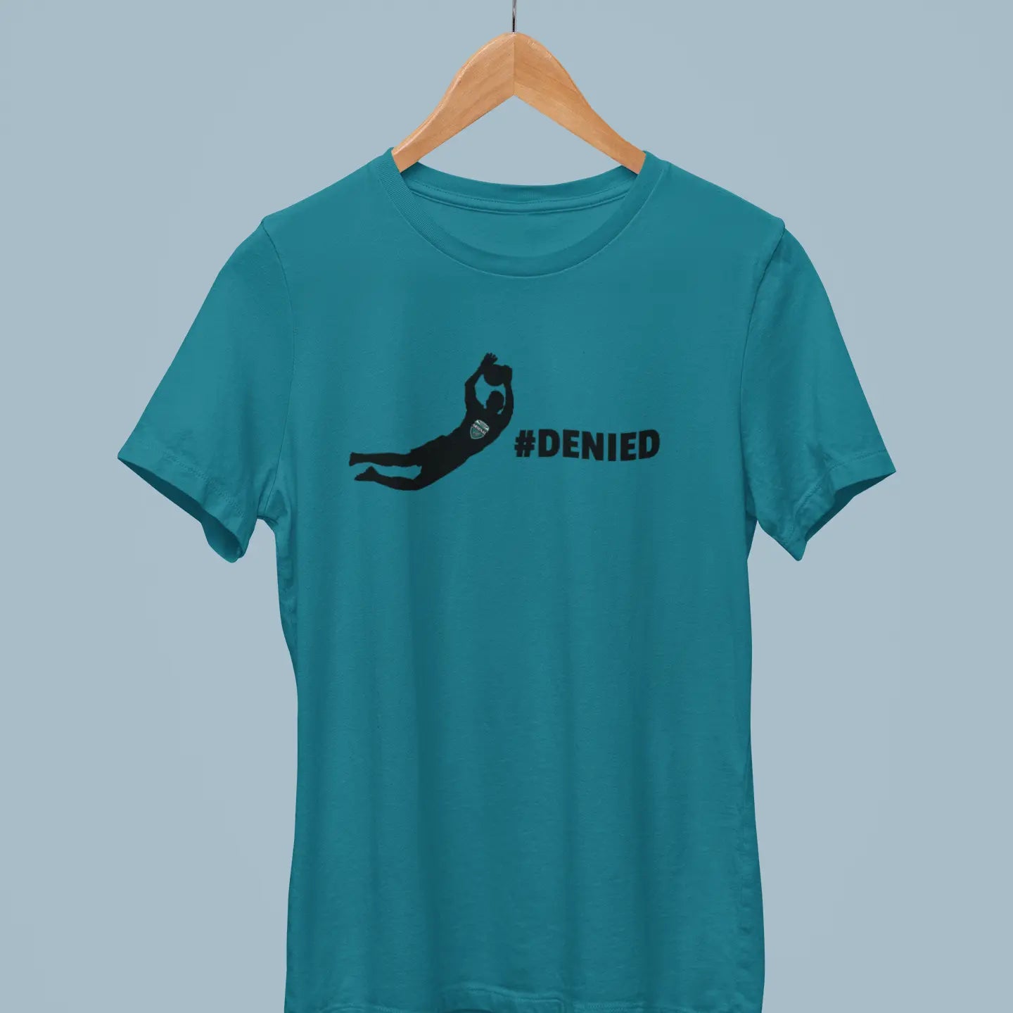 "#DENIED" soccer goalkeeper t-shirt in white on hanger - goalie save apparel celebrating epic saves and shut-outs