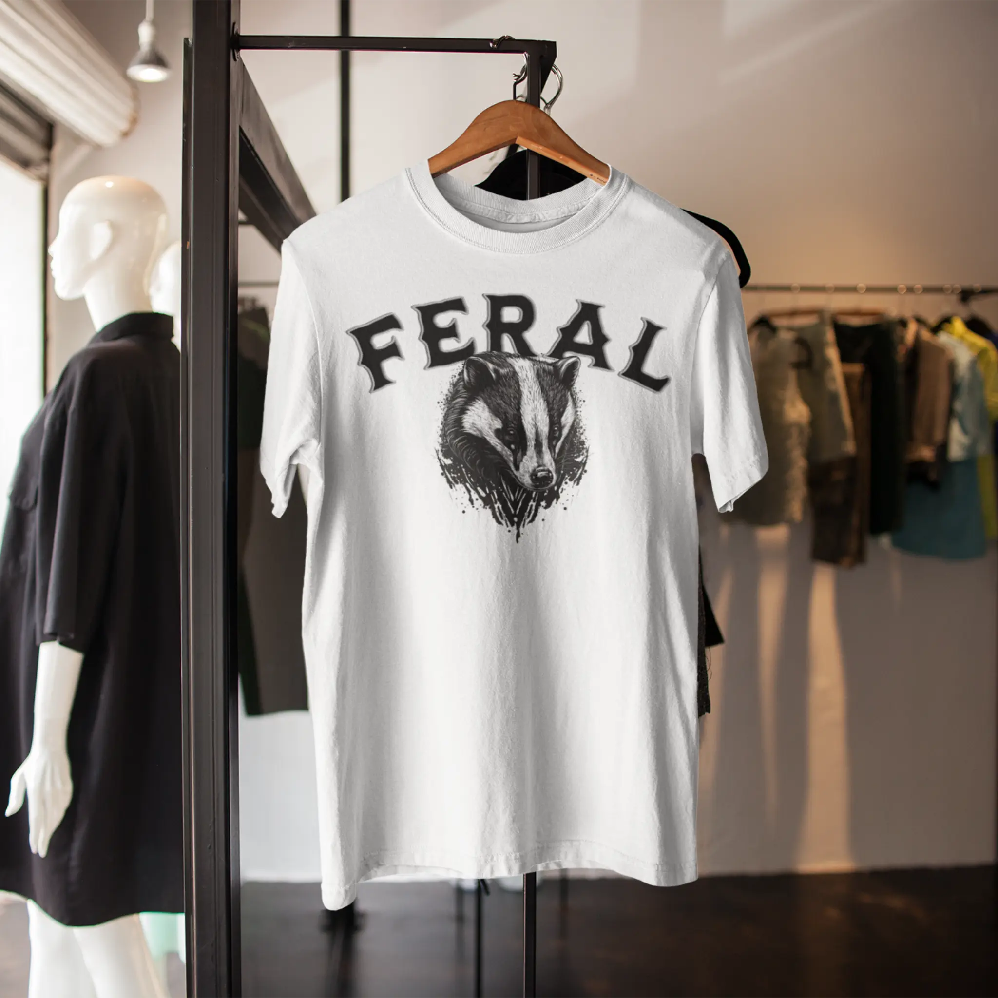 "FERAL" t-shirt black badger design streetwear outfit hanging styling - casual edgy look perfect for bold fashion statements