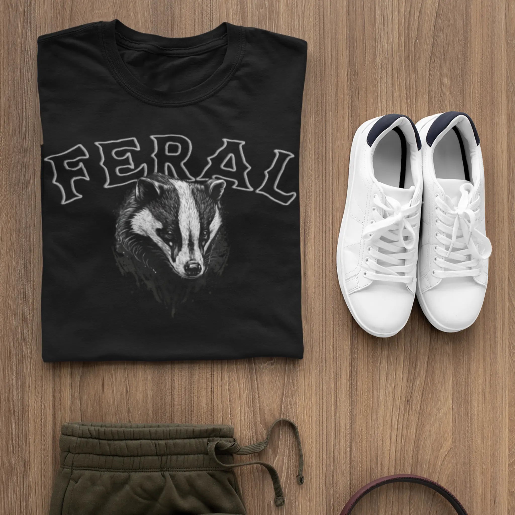 "FERAL" black t-shirt outfit flat lay with badger design, white sneakers, and olive joggers - casual streetwear styling perfect for edgy fashion