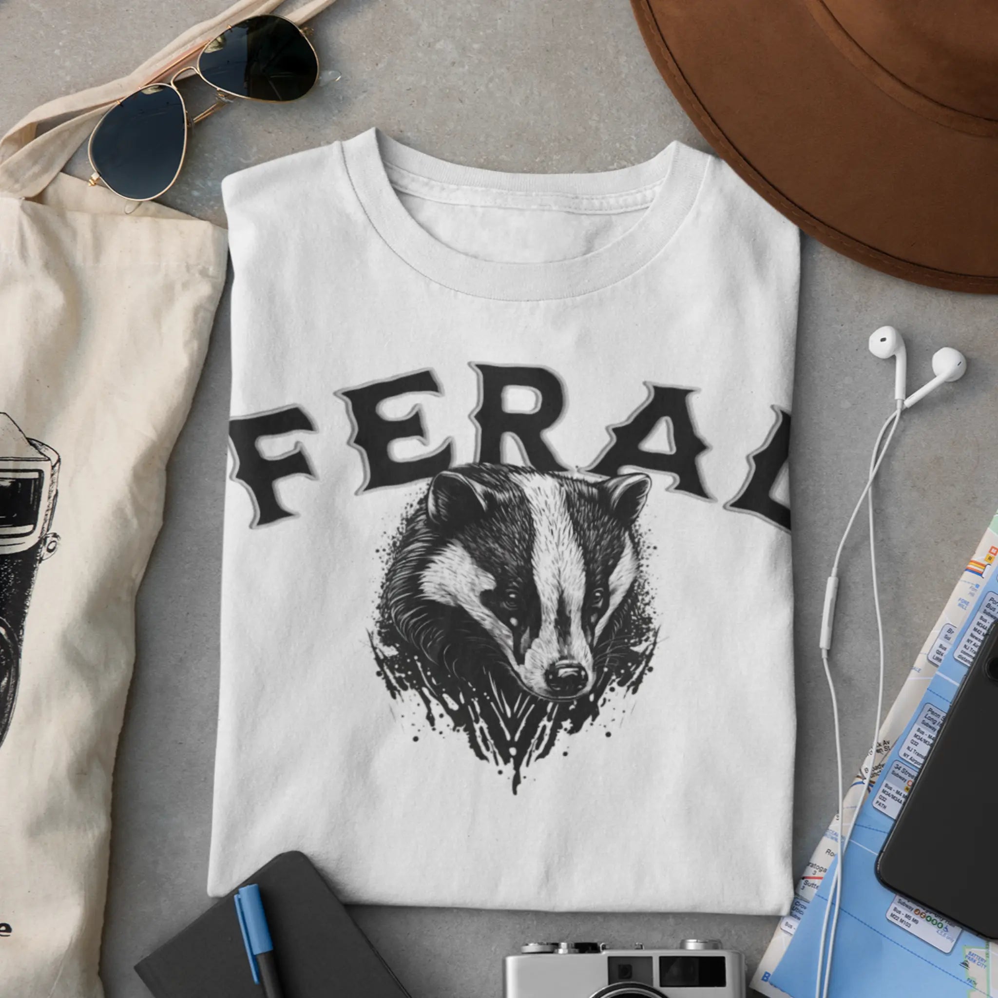 "FERAL" t-shirt black with badger design flat lay outfit inspiration - edgy casual style perfect for streetwear lovers