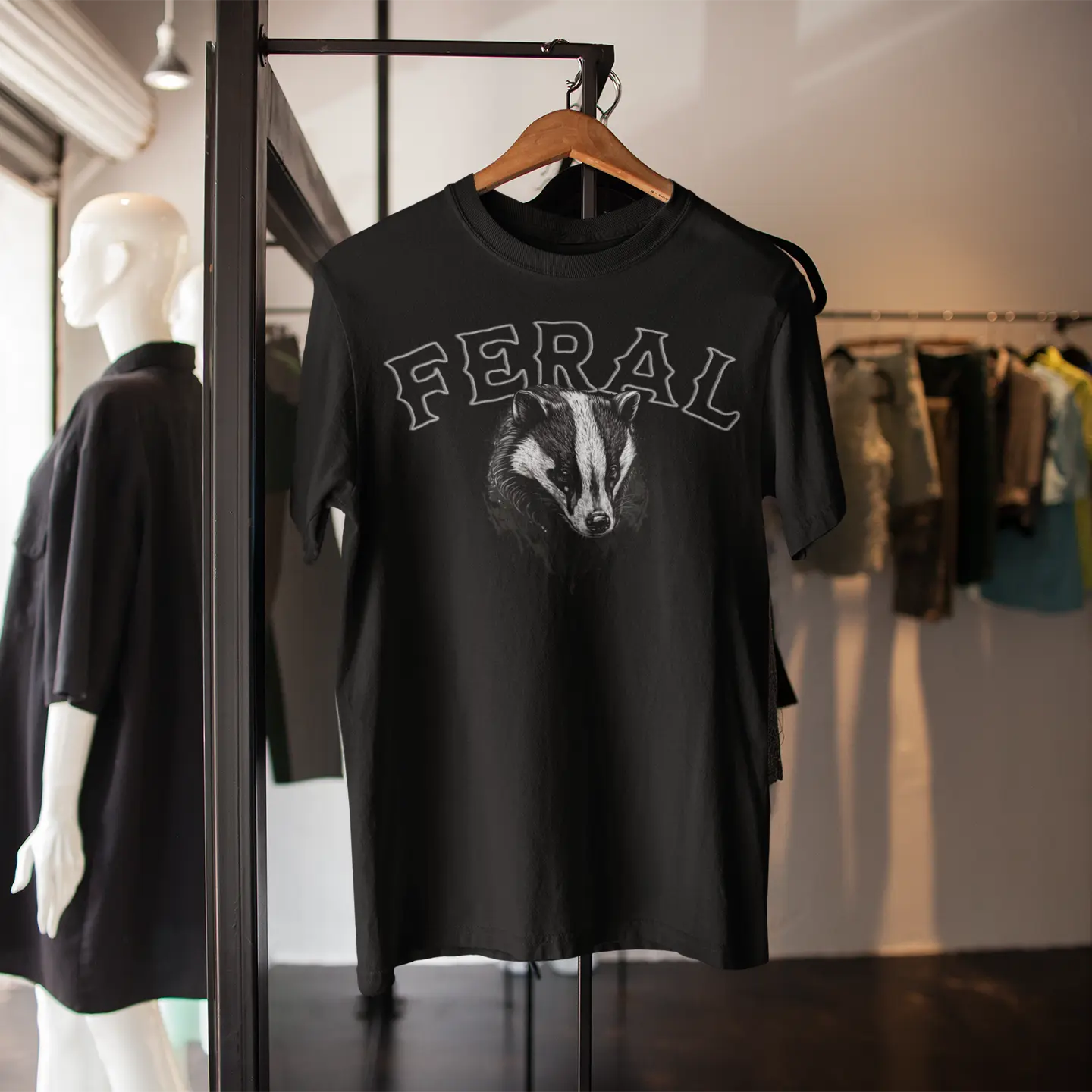 "FERAL" black tee with badger graphic casual outfit with white sneakers - streetwear styling for wild and untamed fashion