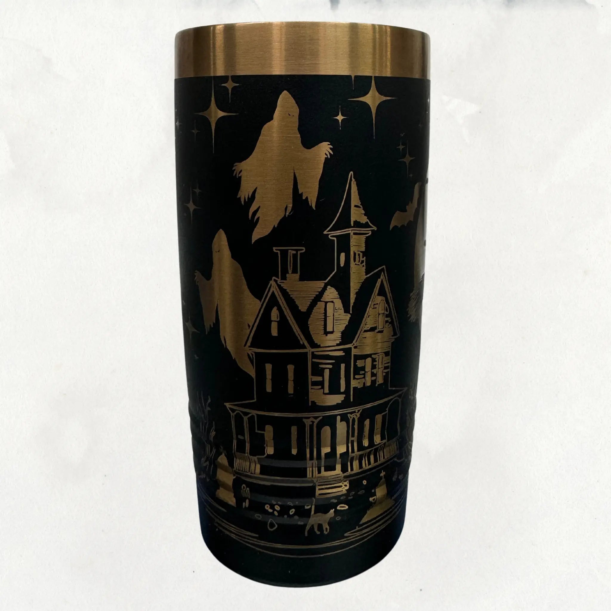 20oz Halloween tumbler in black with rose gold laser engraved witch flying on broomstick with moon and bats - insulated stainless steel Halloween drinkware