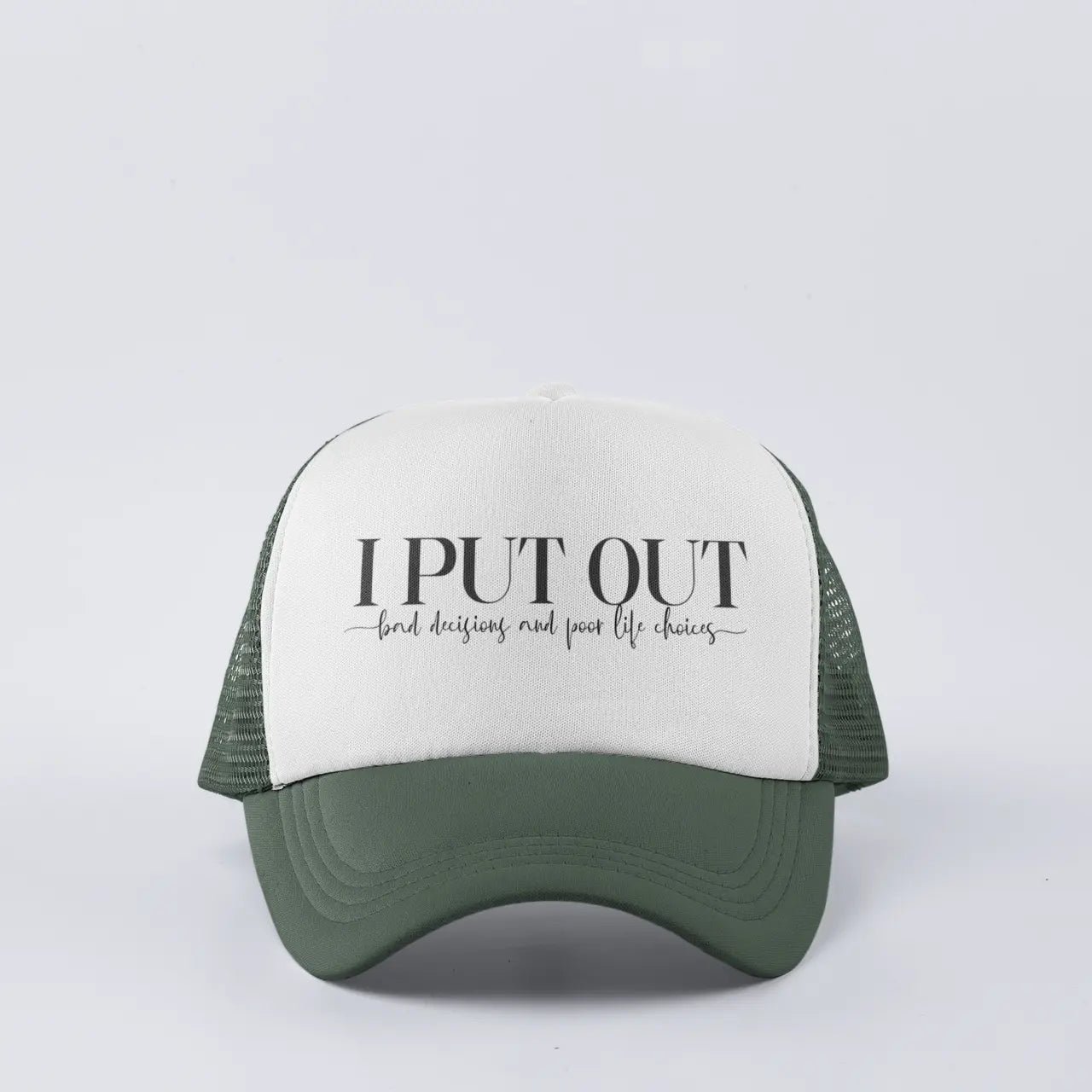 Lifestyle shot of "I Put Out" trucker hat - perfect inappropriate humor snapback for parties and bad decision making