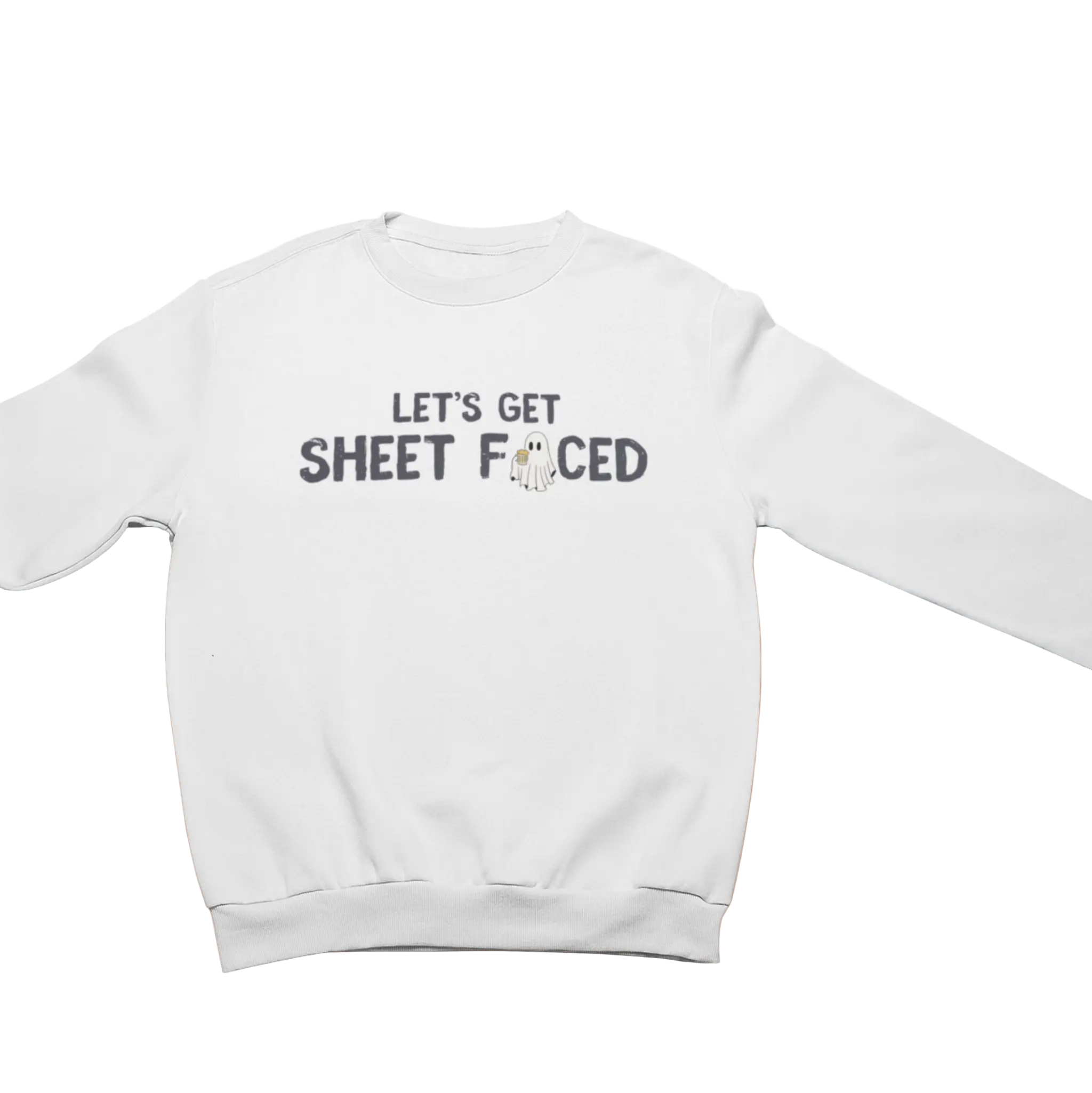 "Let's Get Sheet Faced" white sweatshirt with ghost design - funny Halloween drinking apparel for spooky season celebrations and parties