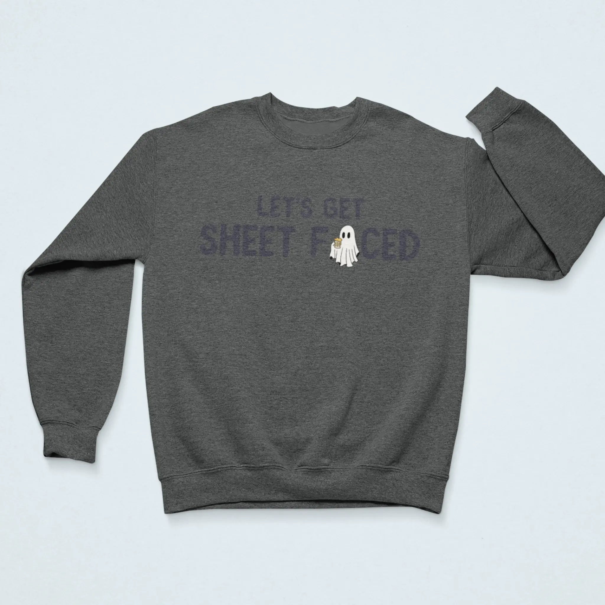 "Let's Get Sheet Faced" dark gray sweatshirt with ghost design - funny Halloween drinking humor sweater for spooky season parties