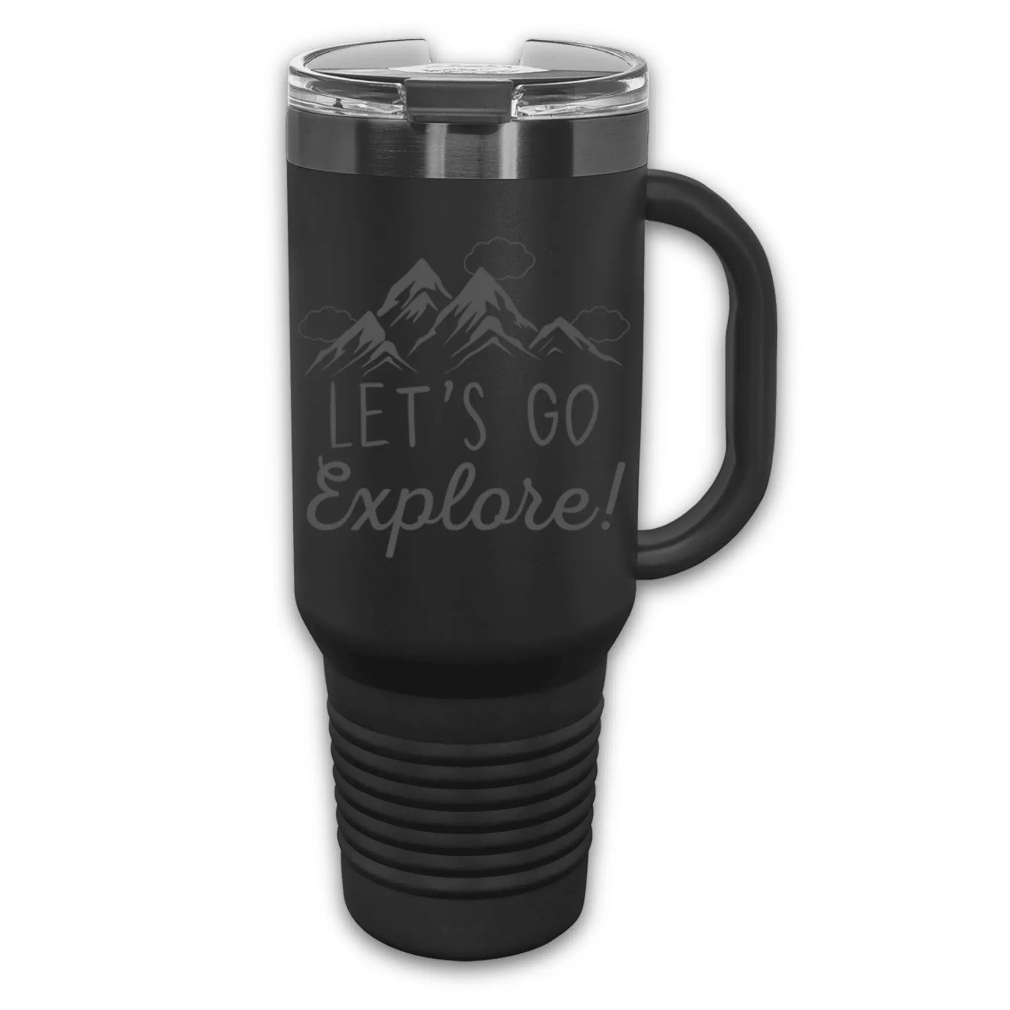Side view of 40oz laser engraved "Let's Go Explore" tumbler in white with rose gold - insulated drinkware for nature lovers and travelers