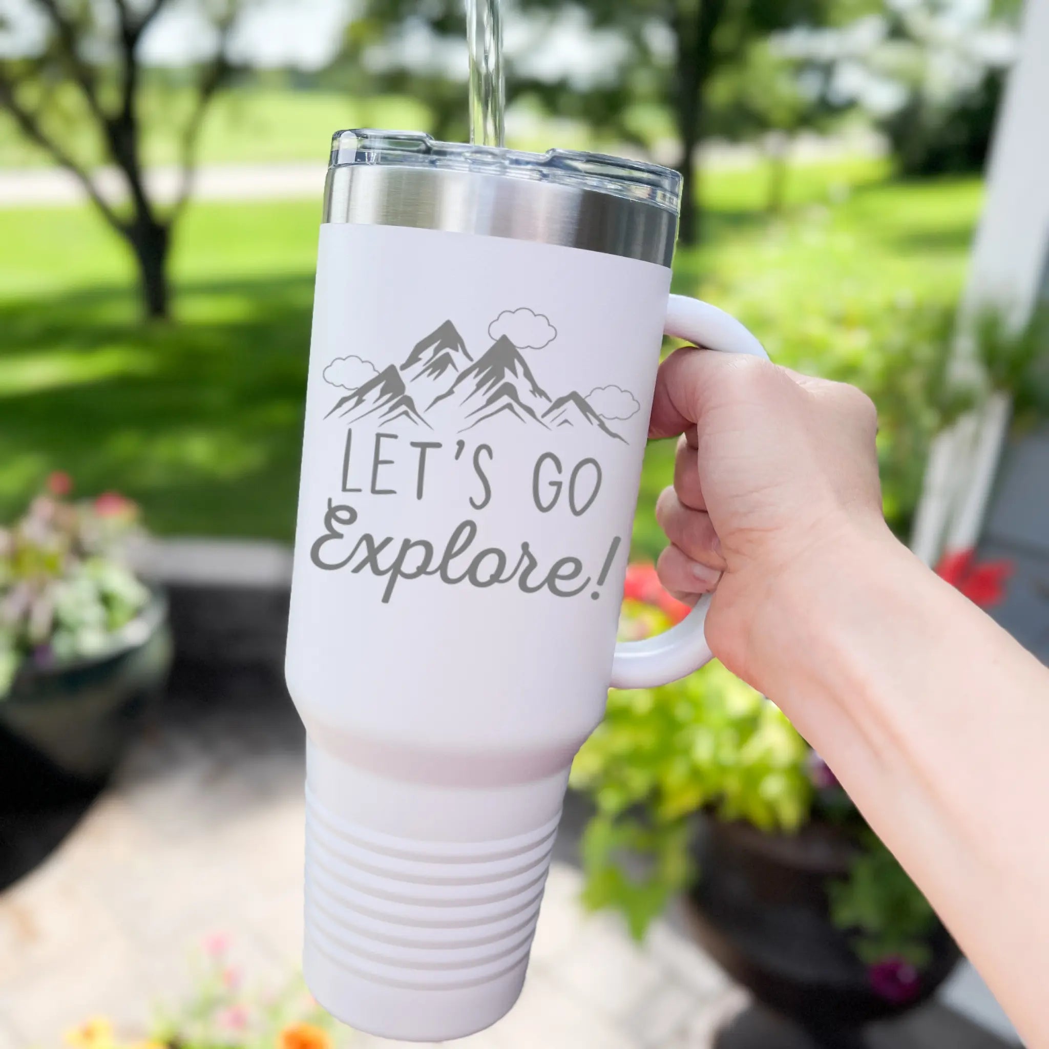 40oz laser engraved "Let's Go Explore" tumbler in white with rose gold mountains - insulated stainless steel cup with handle for adventure lovers