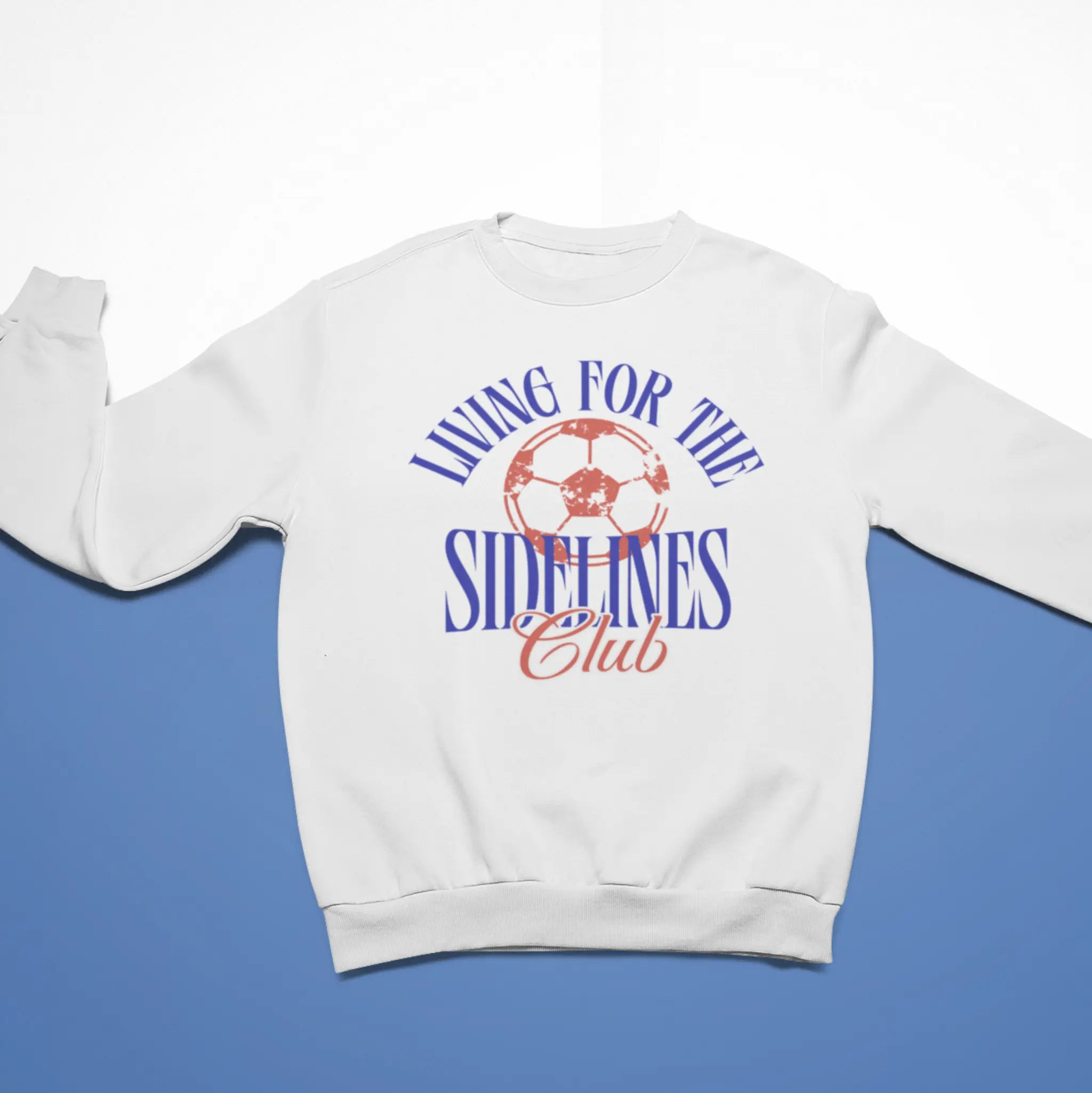 "Living For The Sidelines Club" white sweatshirt with soccer ball design - sports parent sweater for soccer moms and dads living the sideline life