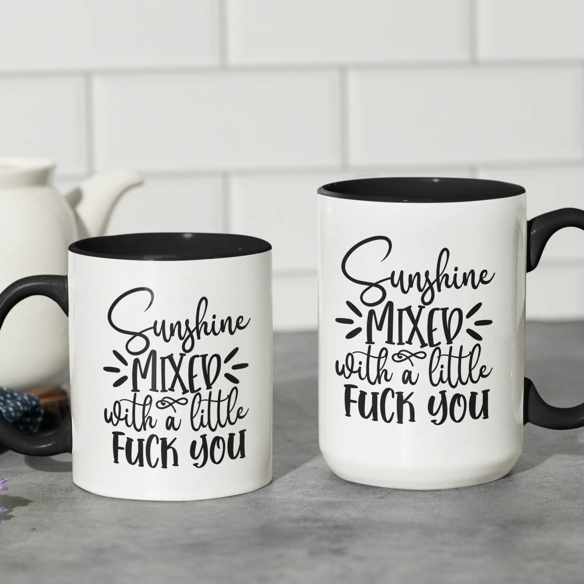 Side by side two-toned coffee mugs with colored handles - ceramic drinkware in multiple sizes for hot beverages and daily use