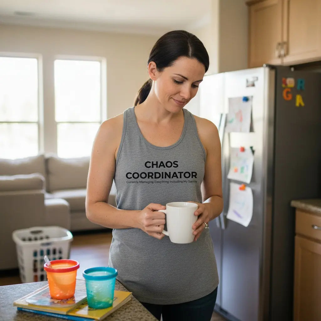Mom wearing "Chaos Coordinator" tank top surrounded by kid stuff - funny mom life tank for parents juggling daily chaos and parenting madness