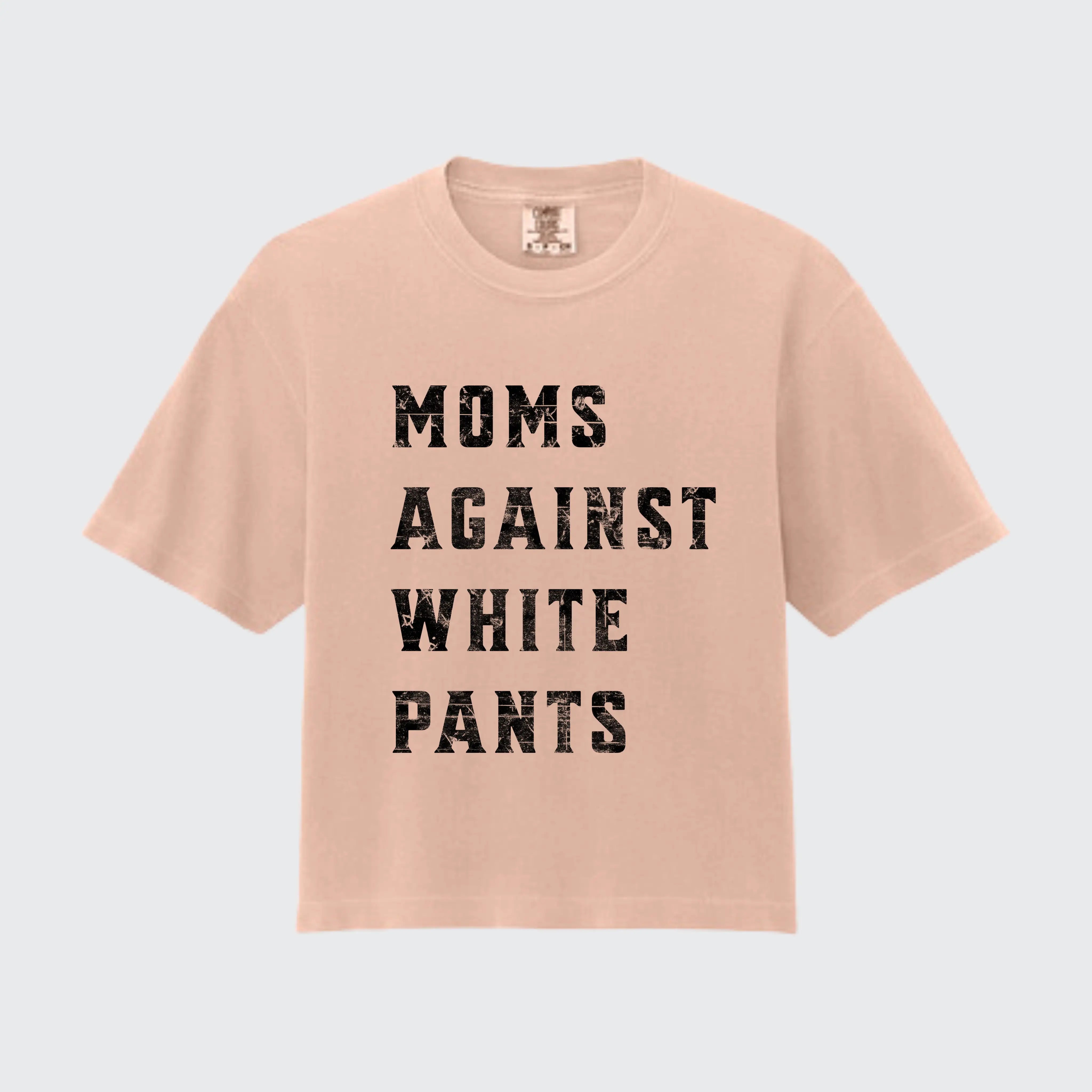 Peach "Moms Against White Pants" boxy tee back lifestyle shot - sports mom shirt for parents done fighting the stain war