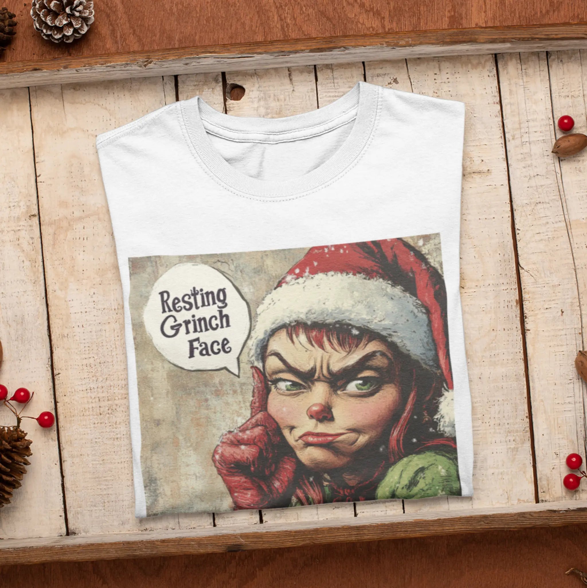 Lifestyle shot of "Resting Grinch Face" tee on woman - funny Christmas humor shirt perfect for people who hate the holidays