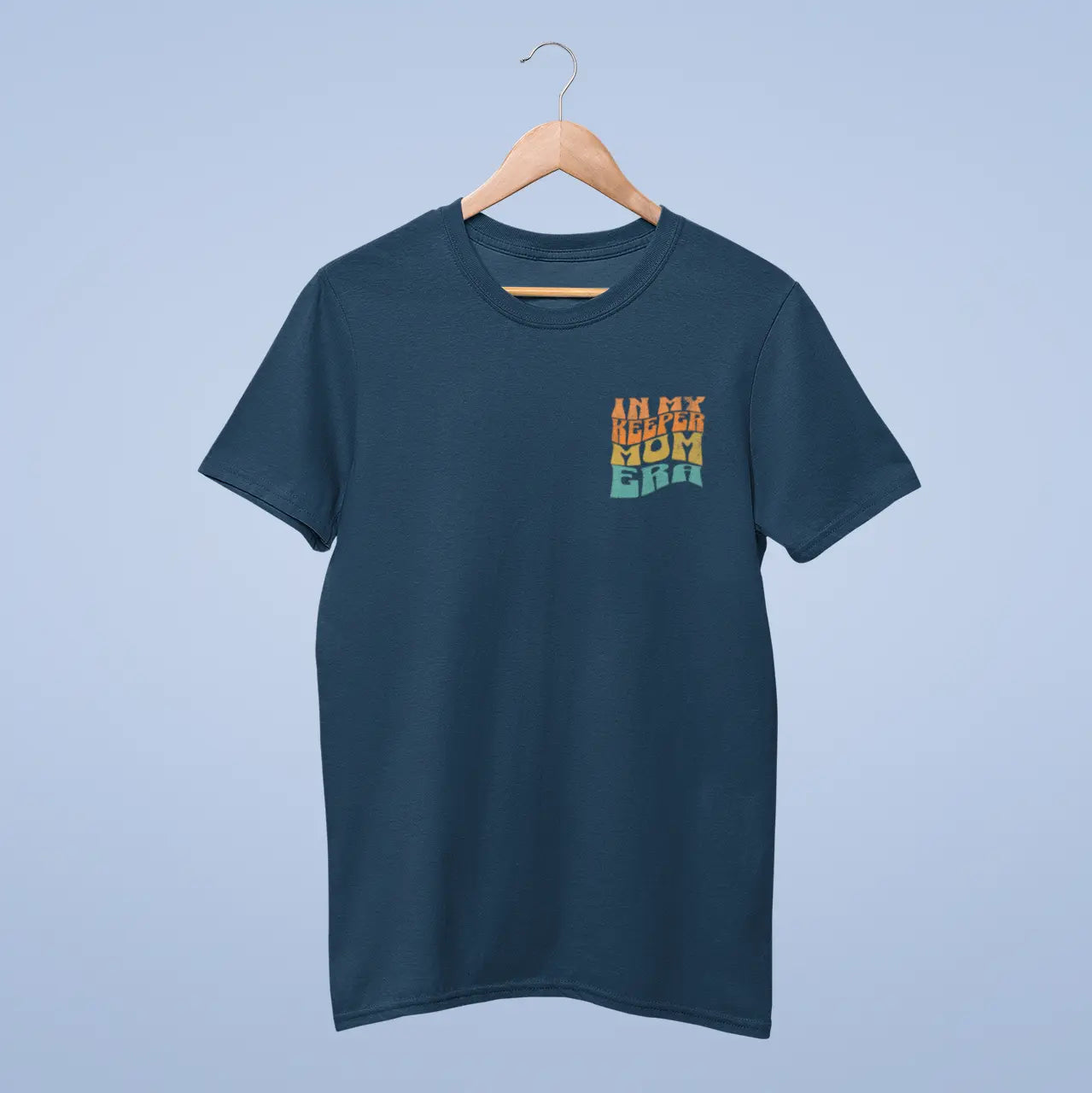 Back view of gray soccer goalkeeper t-shirt on hanger "Keepers Gonna Save Save Save" - goalie apparel with vintage typography and keeper silhouette