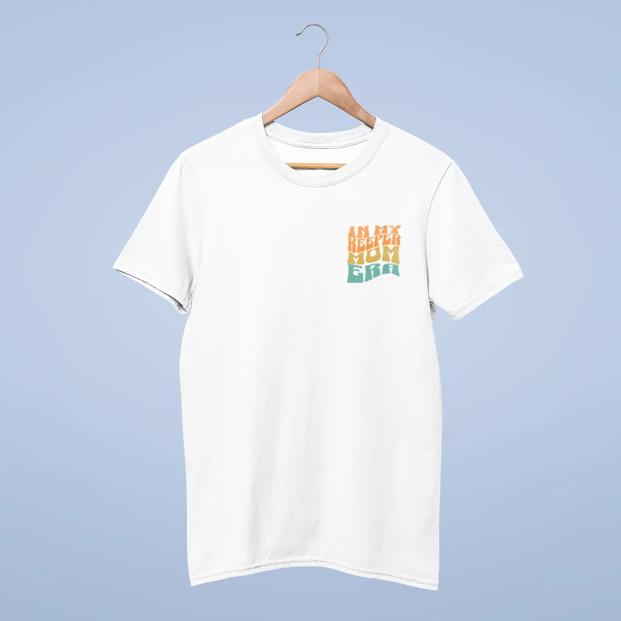 Front view of white soccer goalkeeper t-shirt on hanger "Keepers Gonna Save Save Save" - keeper shirt with vintage rainbow lettering