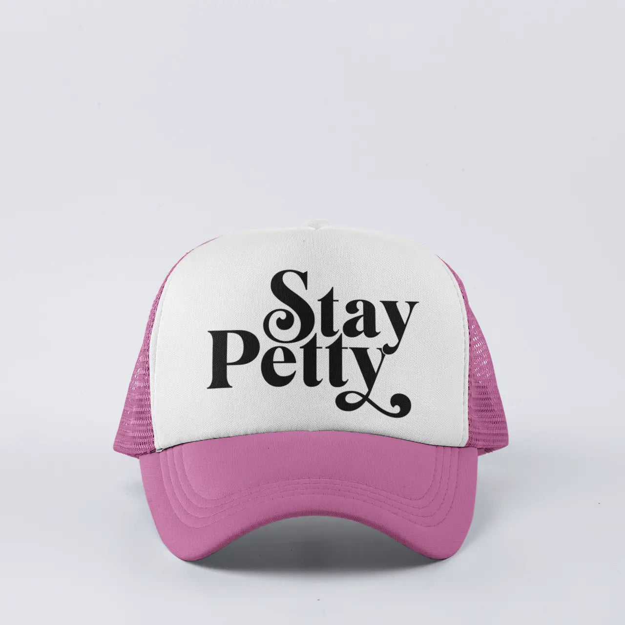 Side view of "Stay Petty" trucker hat showing mesh back design - adjustable sarcastic snapback for petty moments