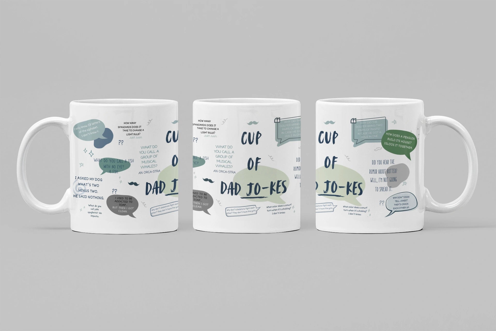 Three white mugs with humorous text design on a gray background