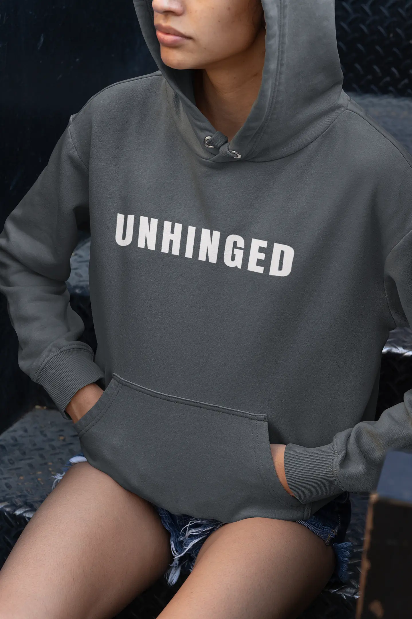 Charcoal gray unhinged graphic hoodie - anti toxic positivity sweatshirt with drawstring hood - premium cotton