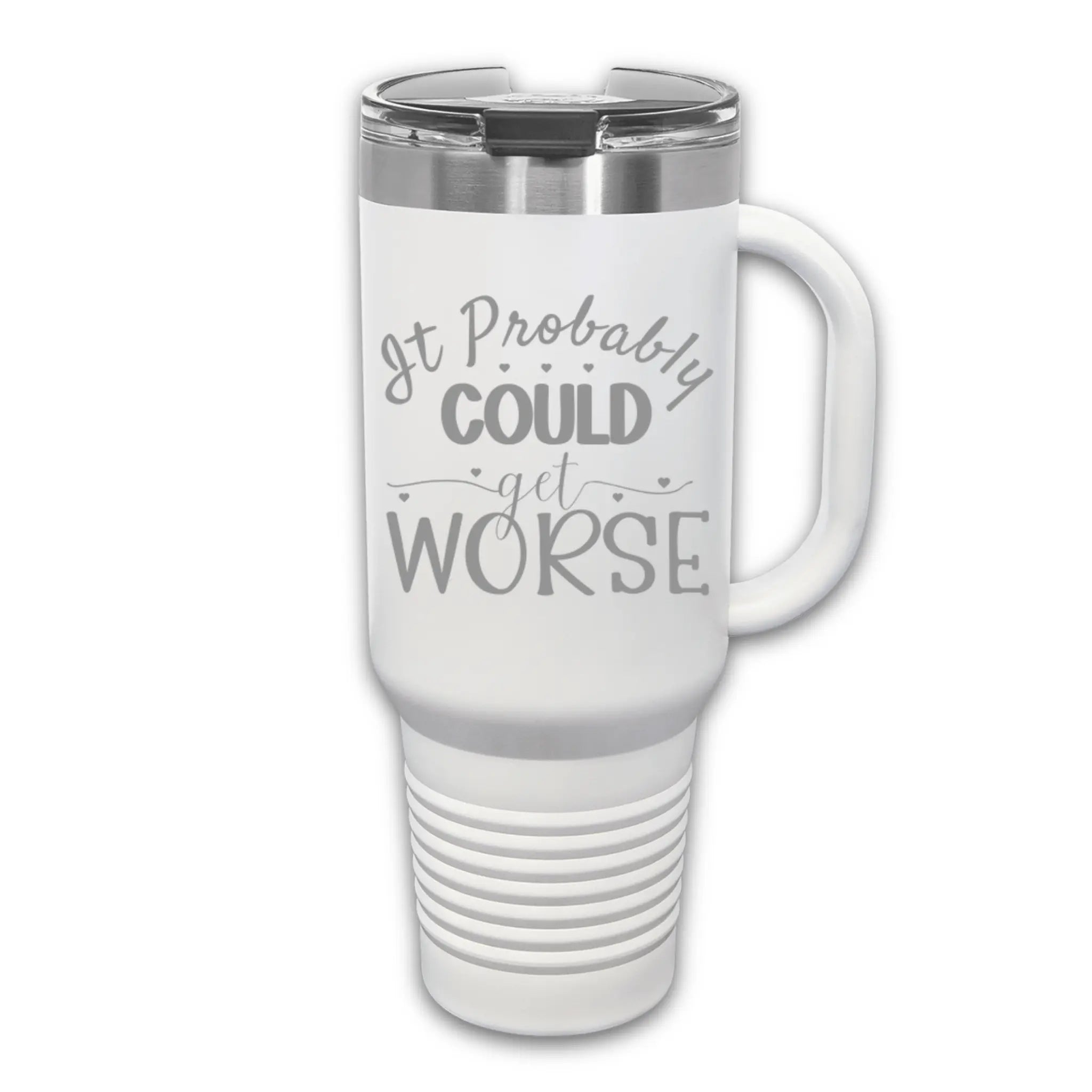 Lifestyle shot of 40oz laser engraved "It Could Get Worse" tumbler black with rose gold - humor drinkware perfect for surviving bad days