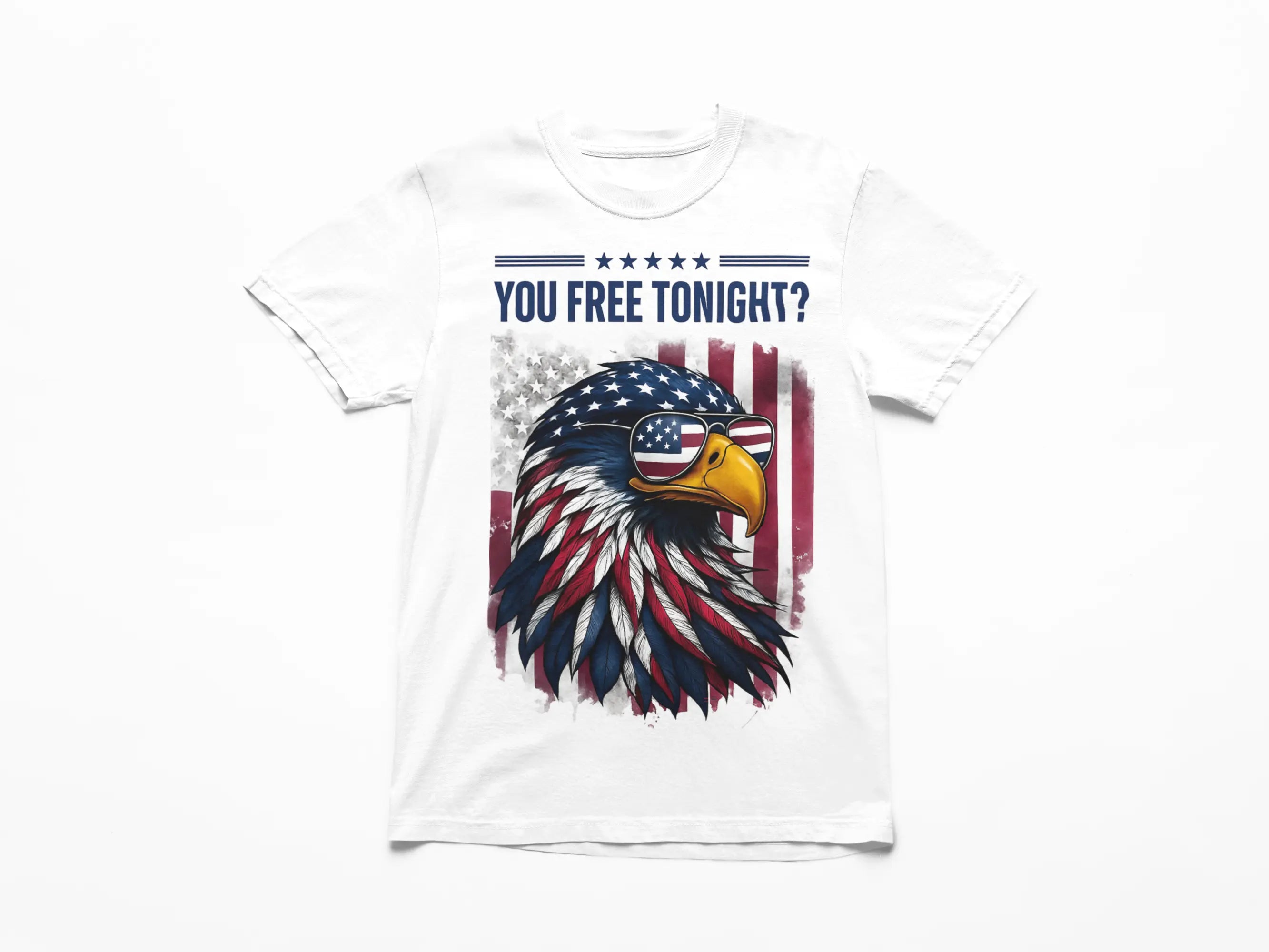 White t-shirt with American flag and eagle design on a white background