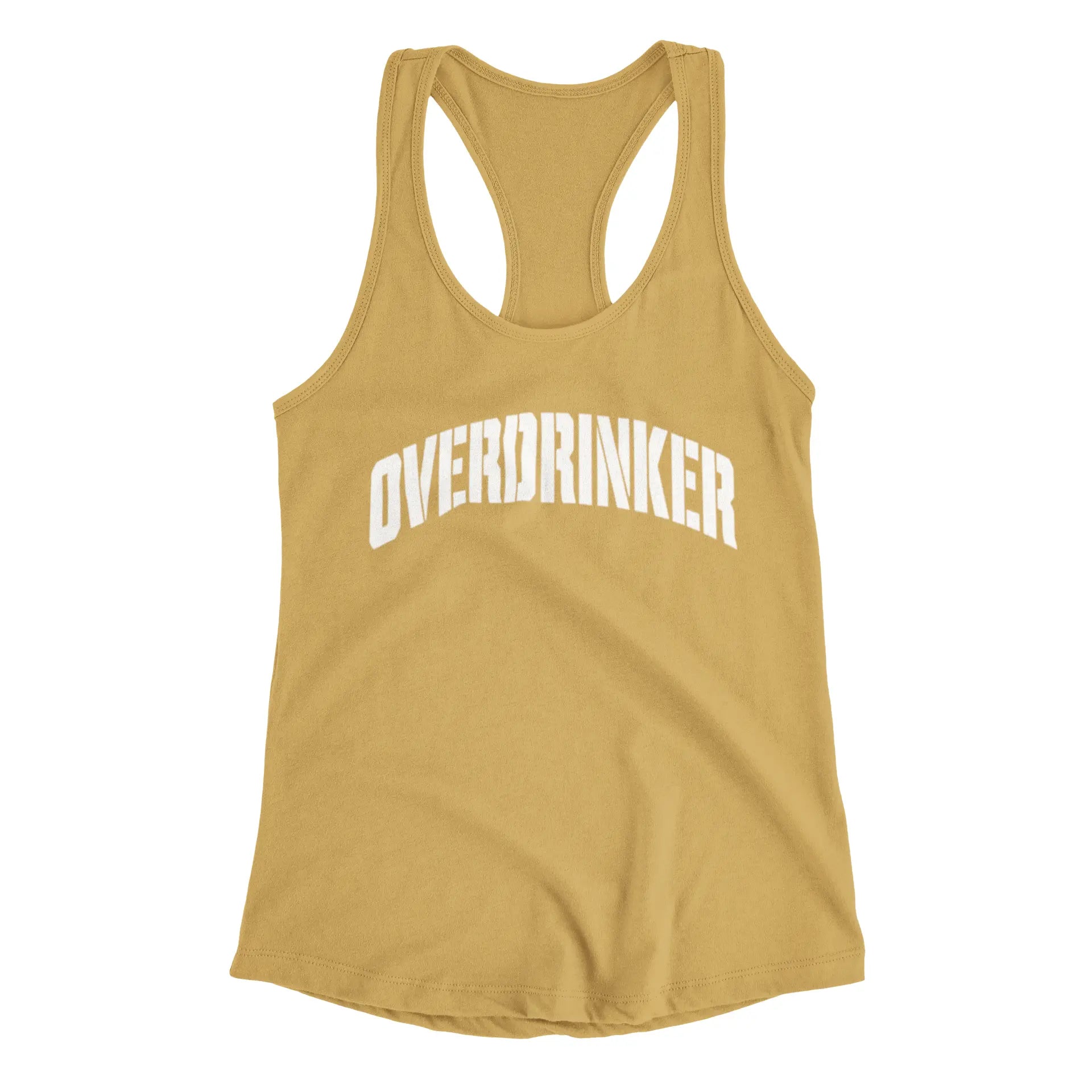 Yellow tank top with 'OVERDRINKER' text on a white background