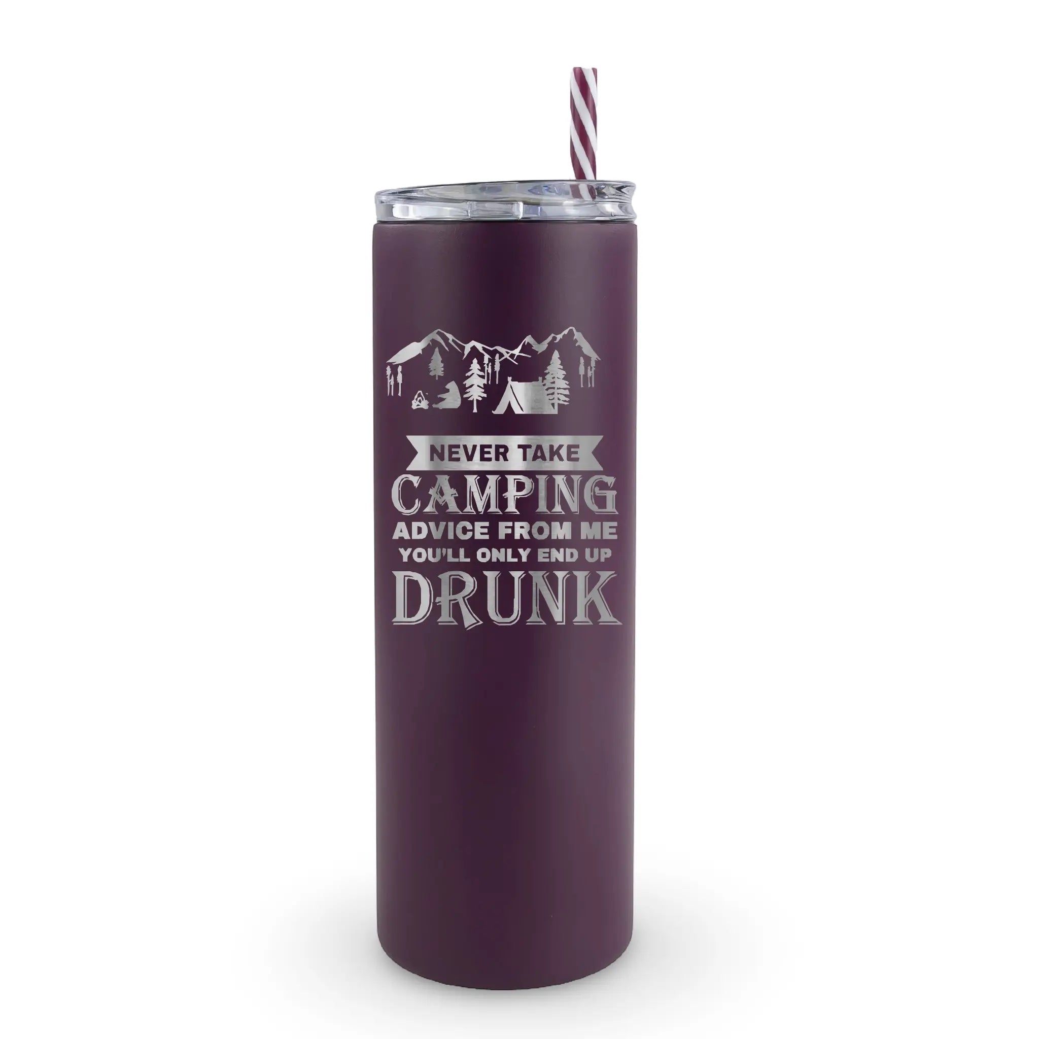 Plum camping themed 20 oz tumbler with humorous drunk camping advice text, gift for campers and RV owners