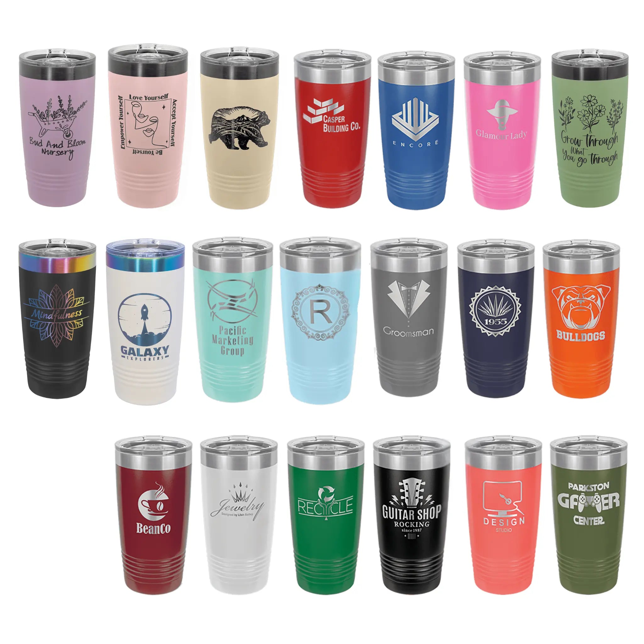 Collection of insulated tumblers in various colors with different designs and text.