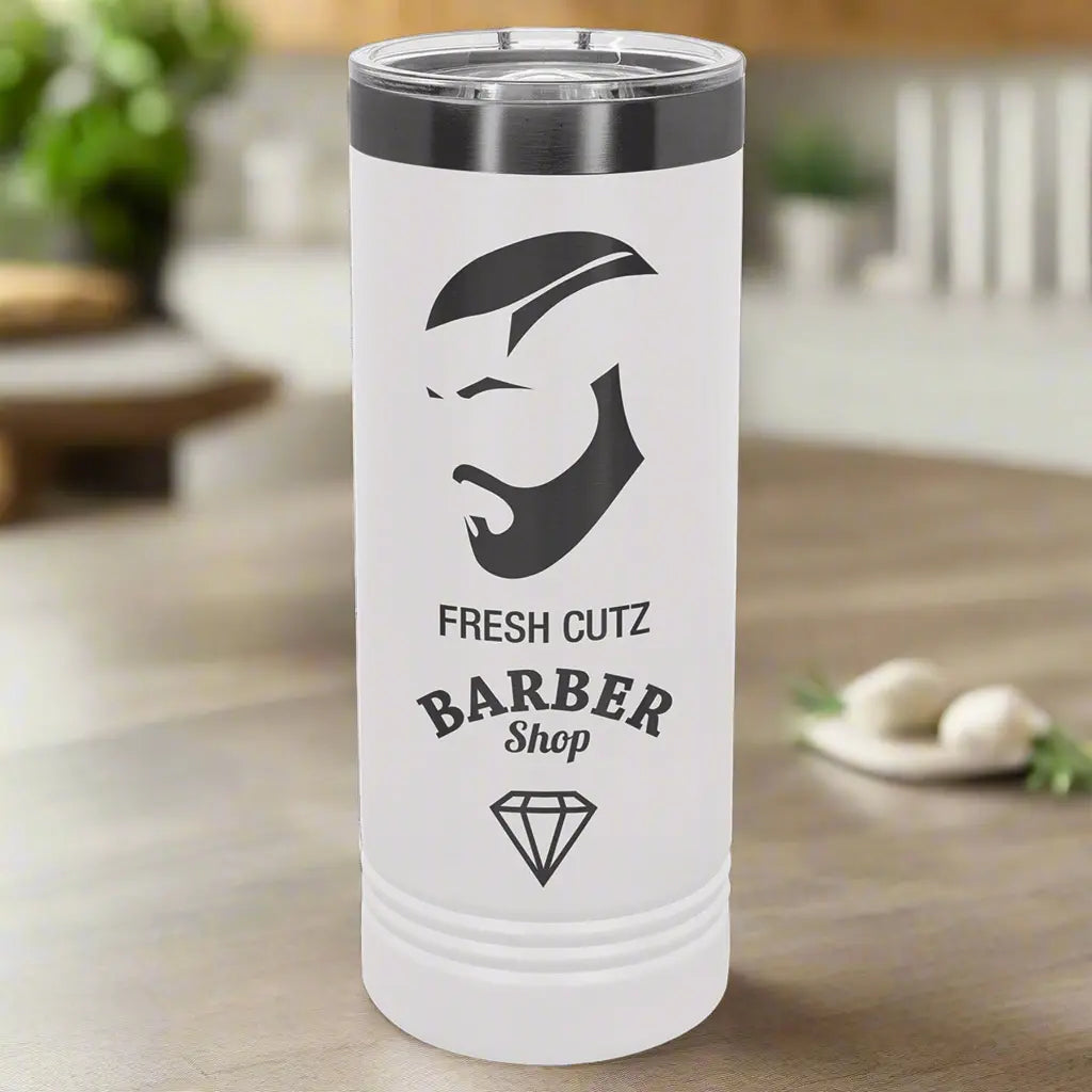 22oz laser engraved tumbler in white with black lid - "Fresh Cutz Barber Shop" custom logo perfect for business branding and promotional gifts