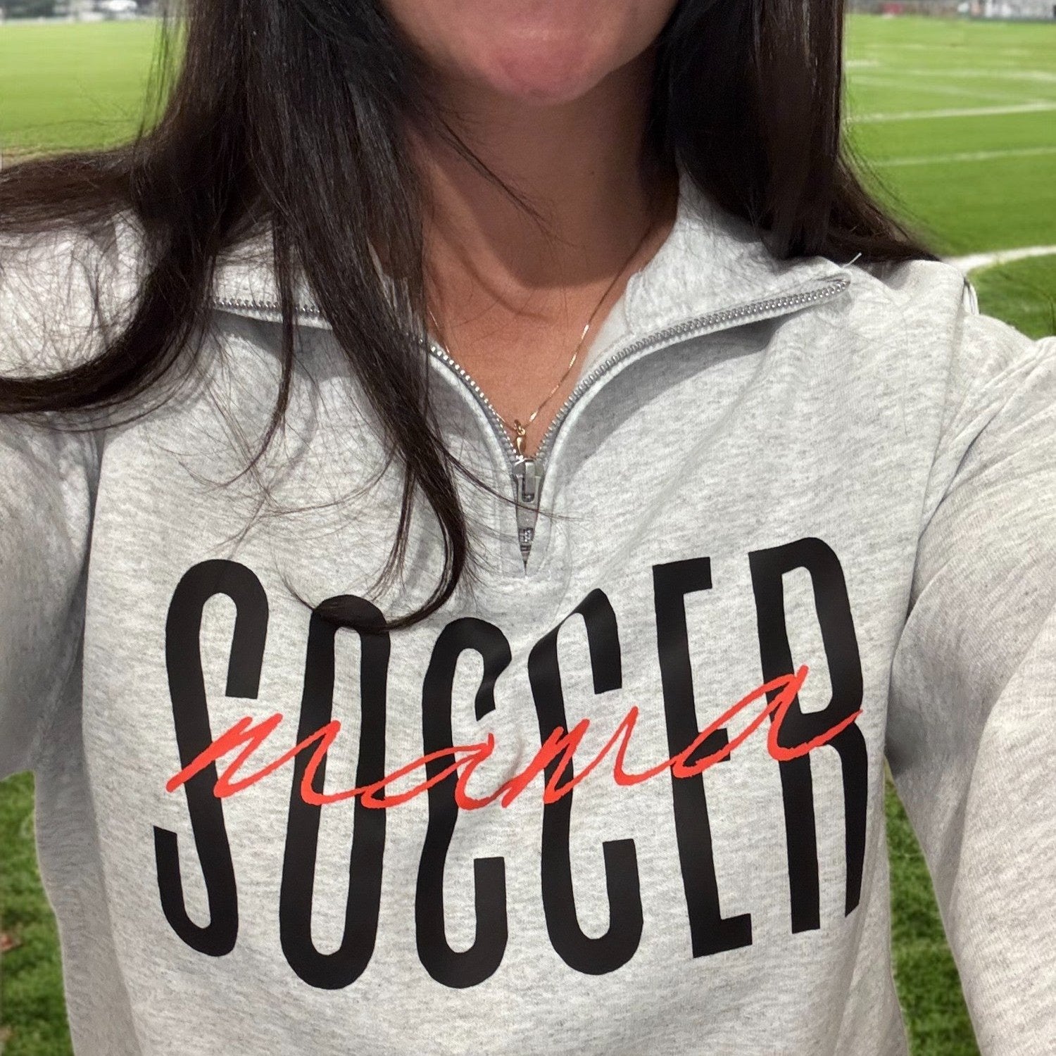 Customizable 'Sports Mama' 1/4 zip pullover for soccer moms and sports fans, featuring a soft fabric and stylish design, perfect for game days.