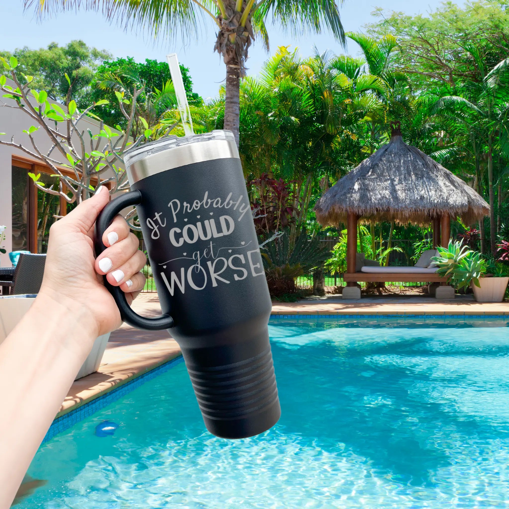 Detail shot of 40oz laser engraved "It Probably Could Get Worse" tumbler with rose gold - showcasing beautiful engraving on black insulated cup