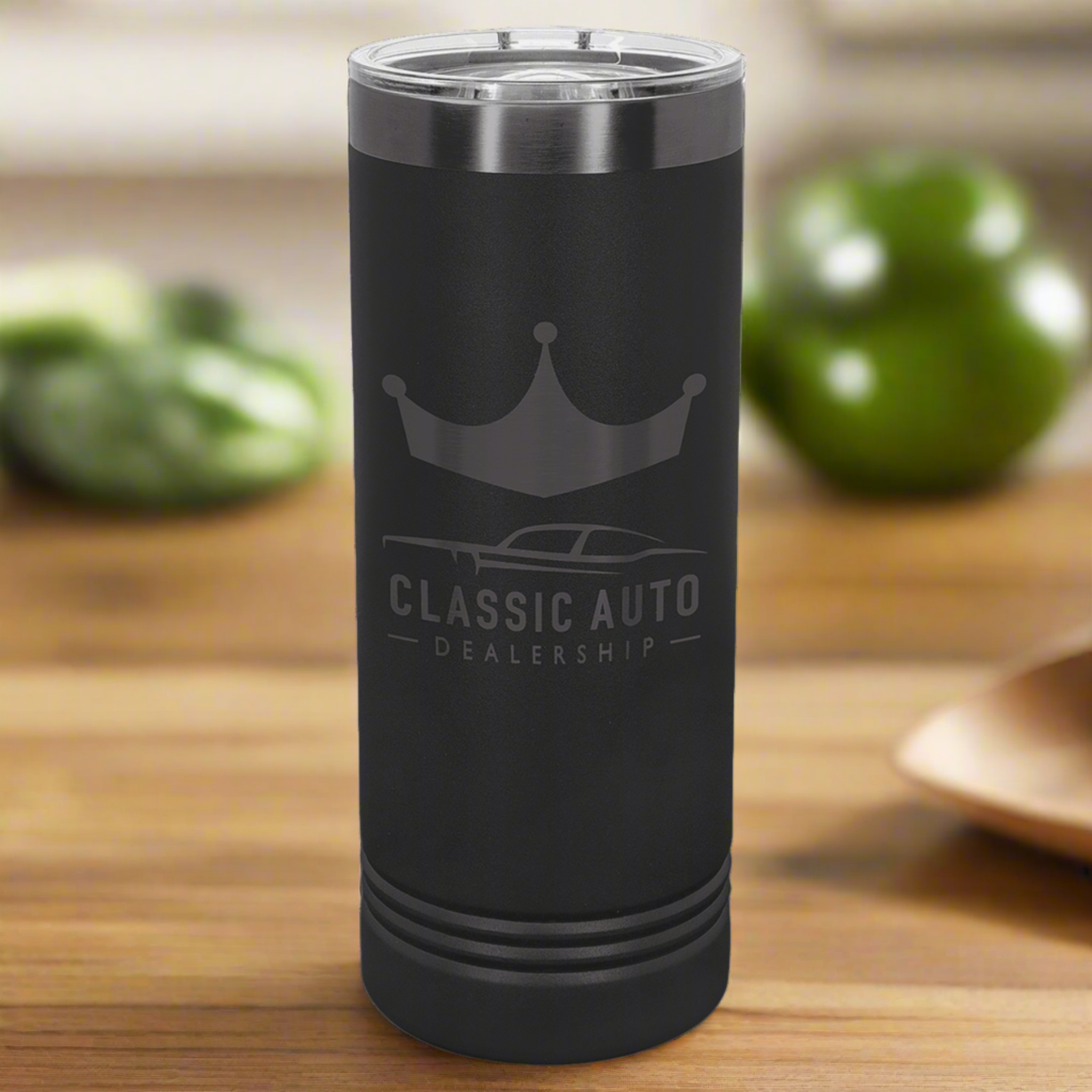 Black 22 oz laser-etched tumbler featuring the "Classic Auto Dealership" logo with a crown and car graphic, perfect for custom and personalized tumblers.